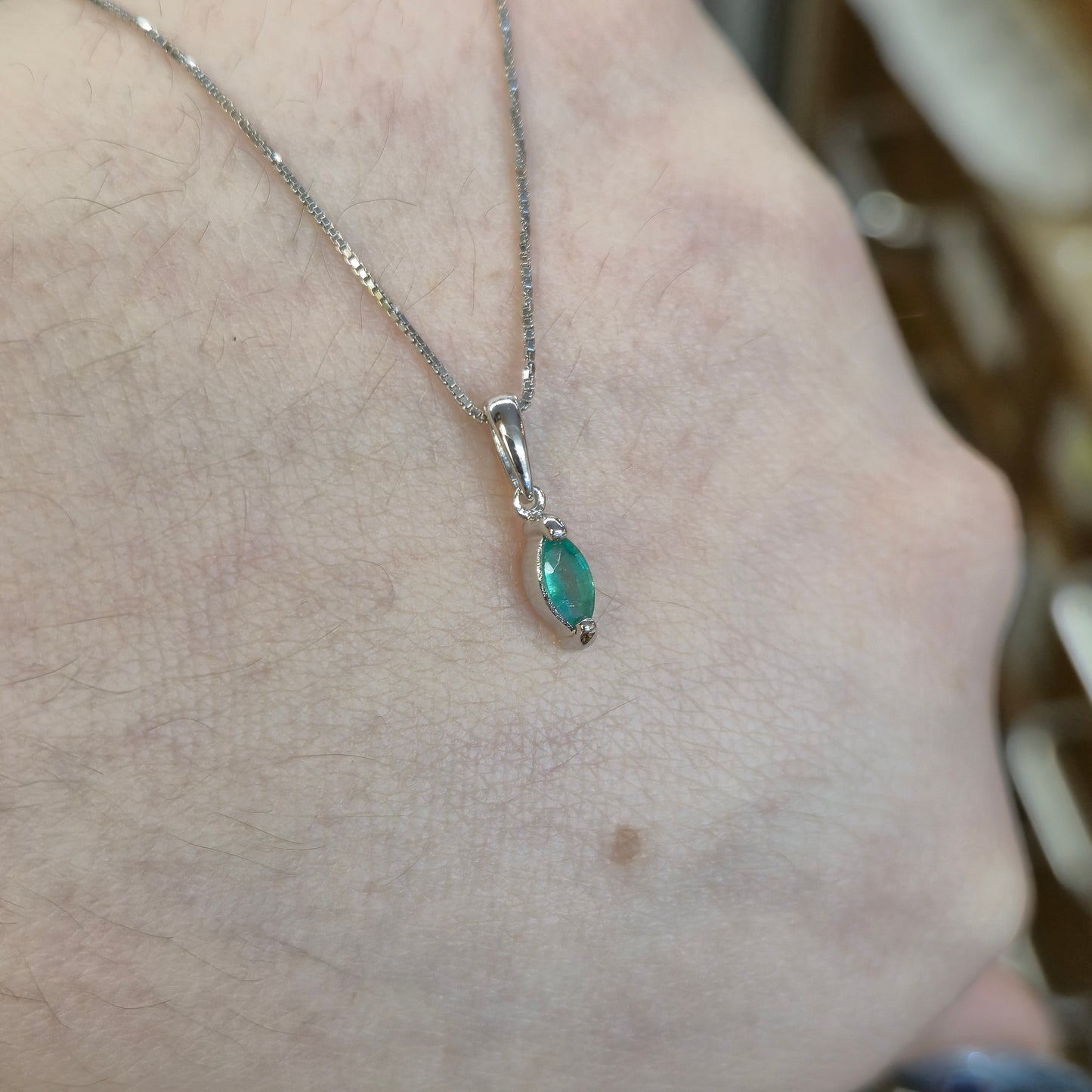 9ct White Gold Marquise Cut Emerald Solitaire Pendant Necklace