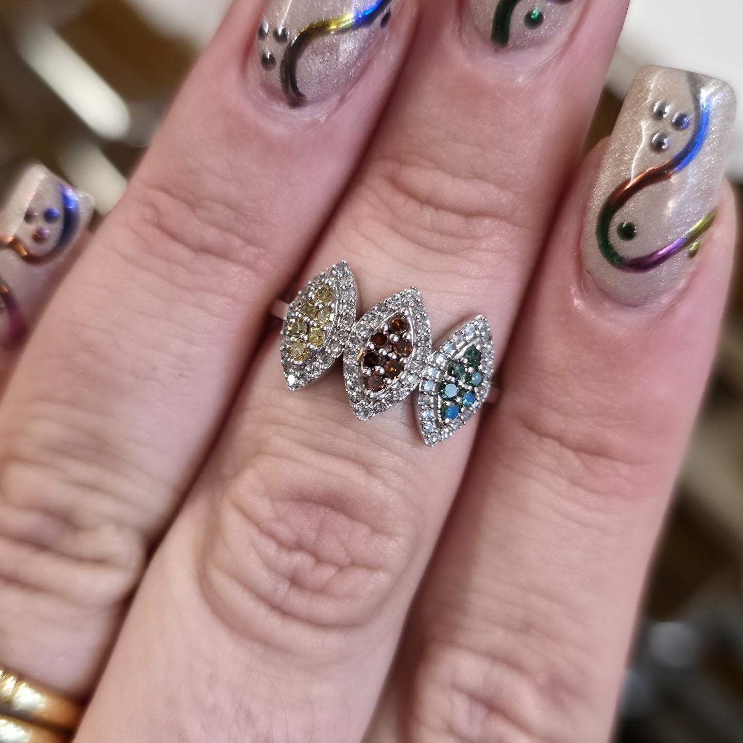 9ct White Gold Vari-hue Multicoloured Diamond Triple Marquise Cluster Ring