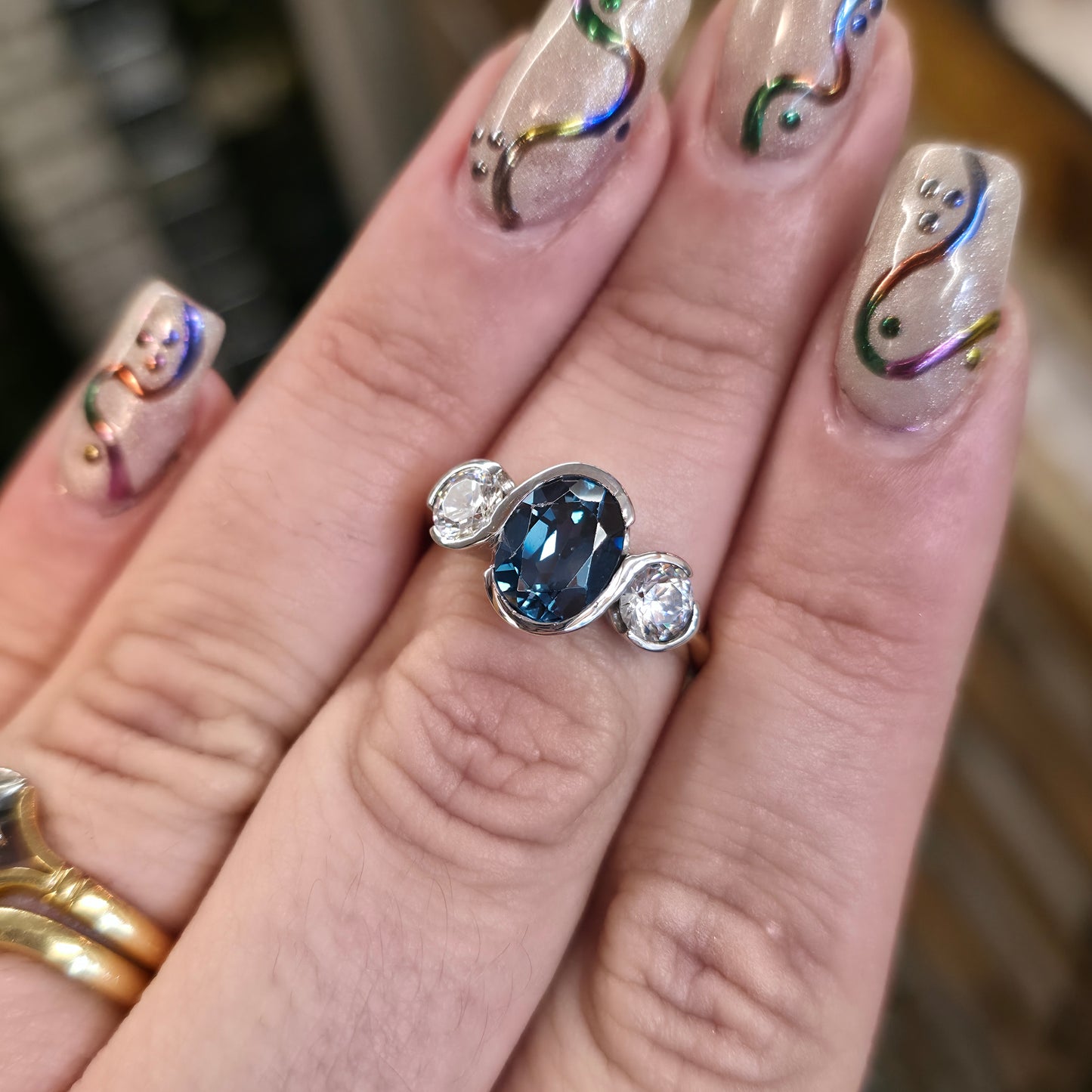 9ct Yellow Gold London Blue Topaz and Cubic Zirconia Trilogy Ring