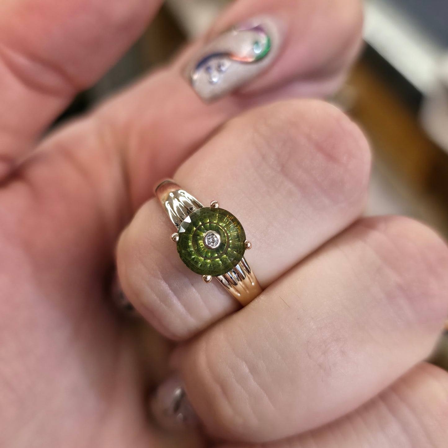 9ct Yellow Gold Round Cut Peridot With Inset Diamond Solitaire Ring