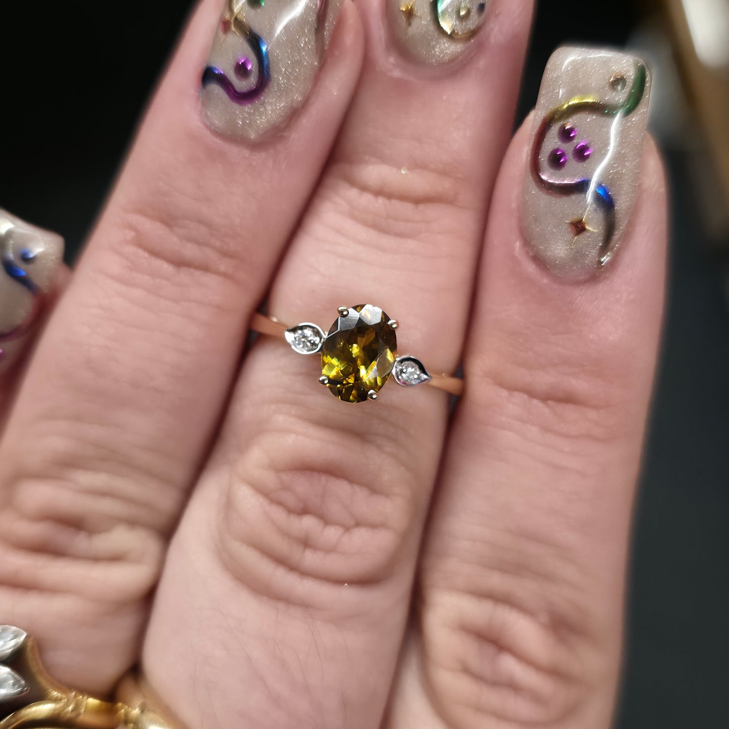 14ct Yellow Gold Oval Cut Golden Zircon and Diamond Trilogy Ring