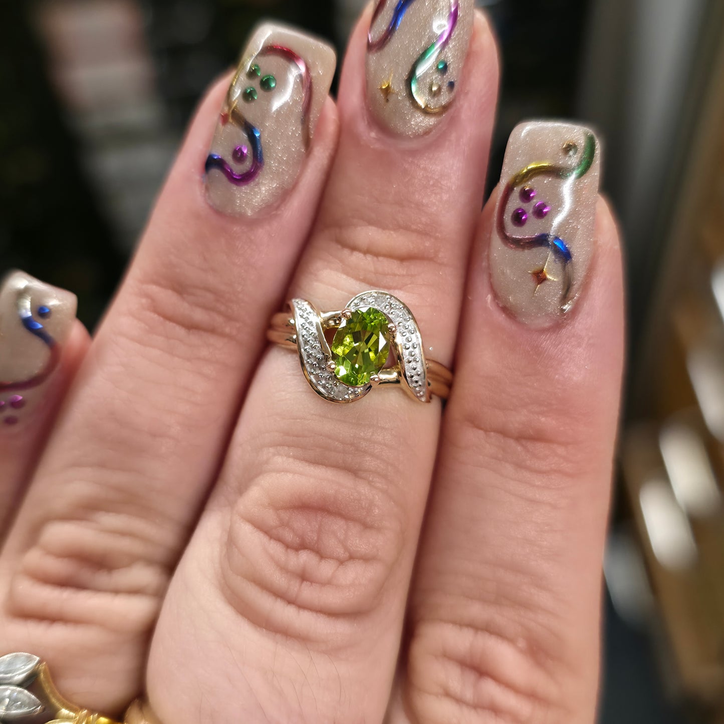 9ct Yellow Gold Oval Cut Peridot and Diamond Swirl / Crossover Ring