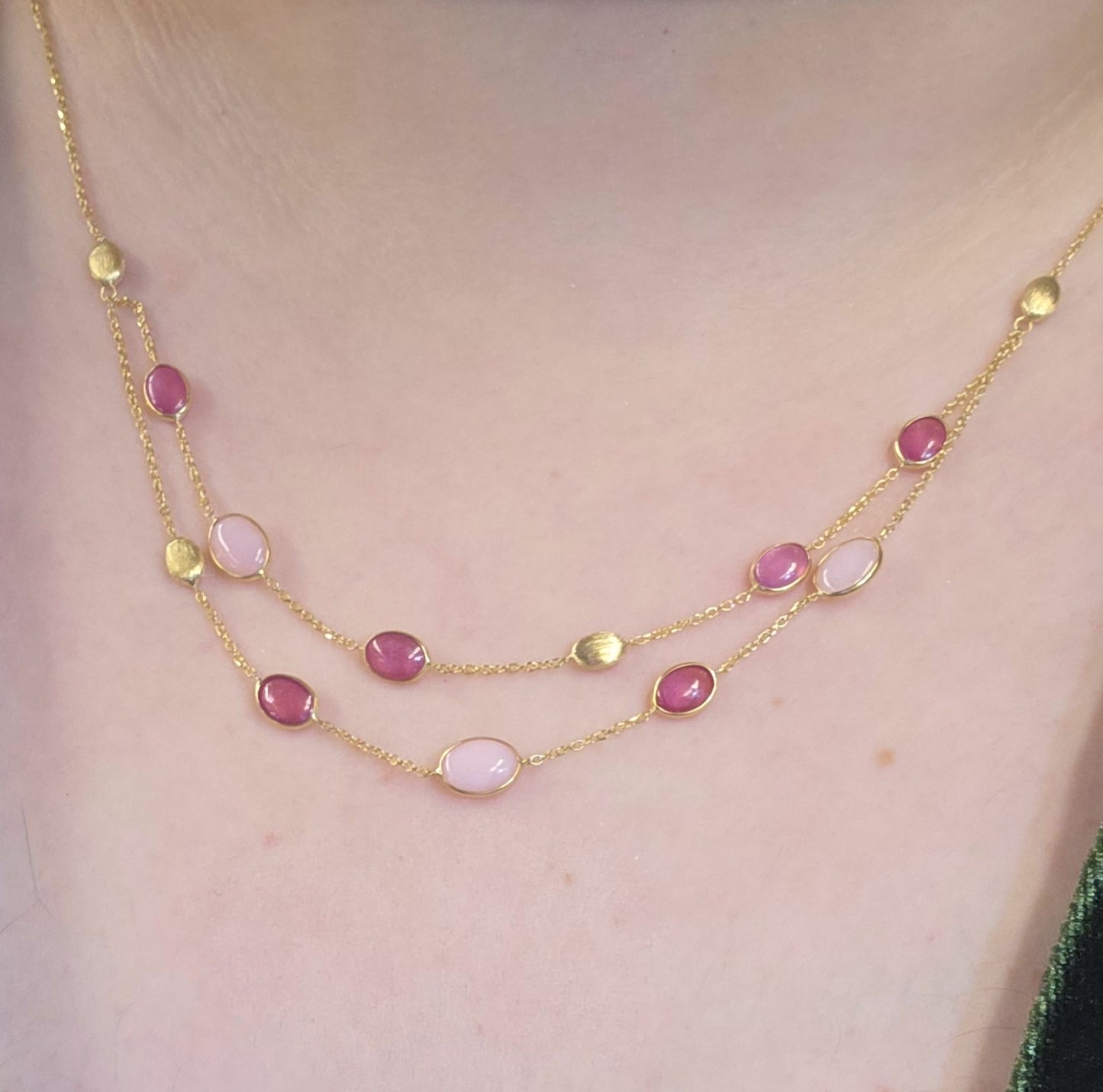 9ct Yellow Gold Ruby And Pink Stone Double Row Station Style Chain Necklace