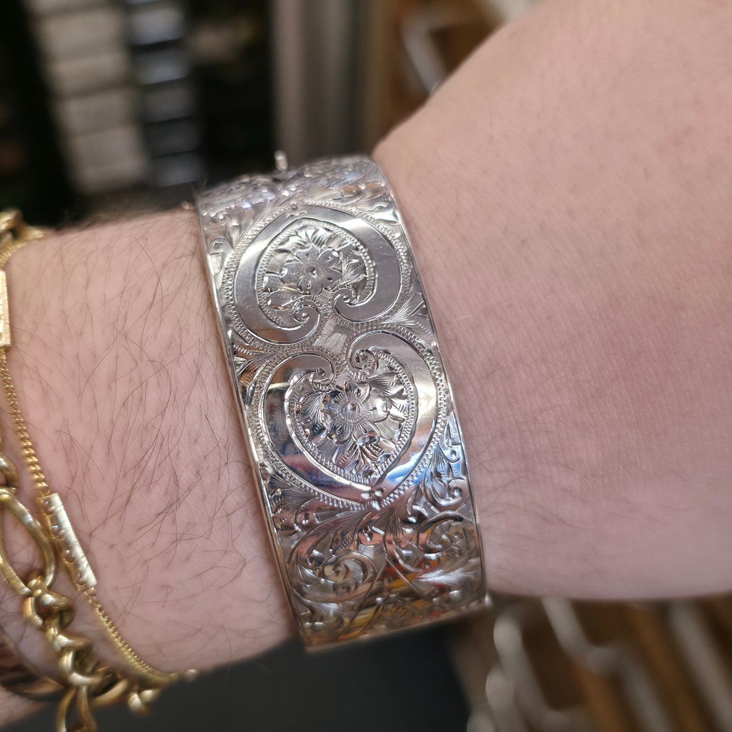 Sterling Silver Vintage Engraved Floral Half Patterned Wide Chunky Bangle