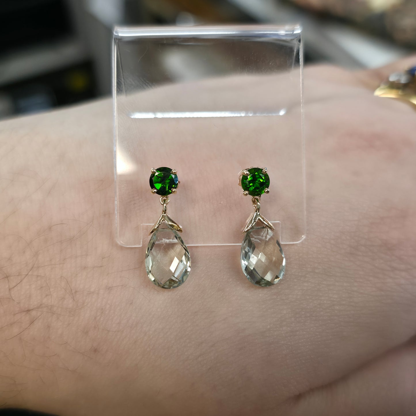 9ct Yellow Gold Round Diopside and Briolette Praseolite Drop Earring