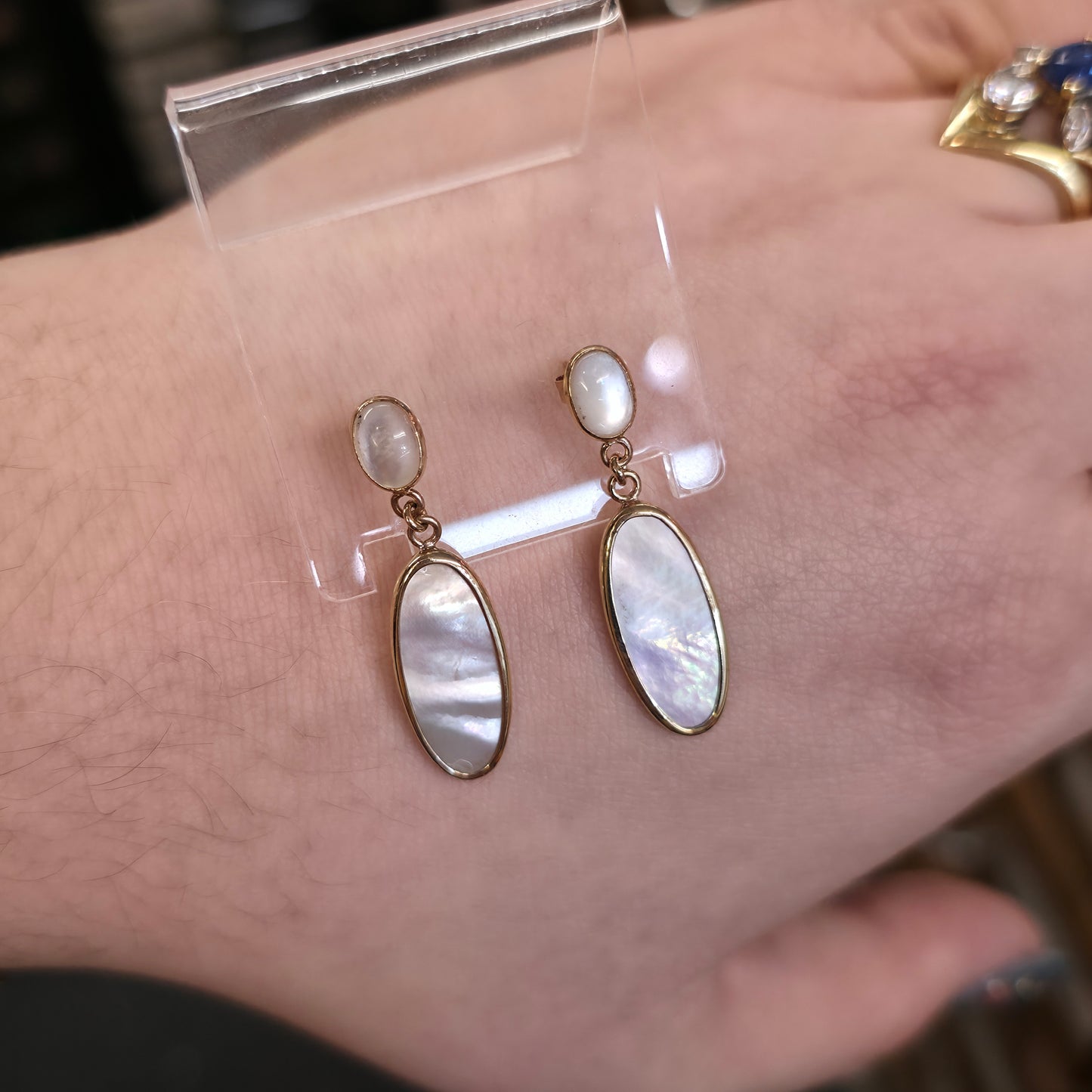 9ct Yellow Gold Oval Mother Of Pearl Bezel Set Panel Drop Earrings