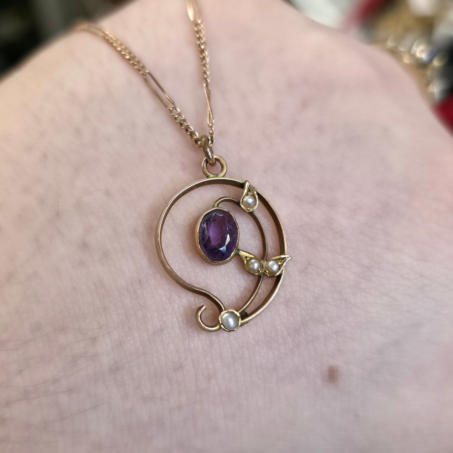 9ct Rose Gold Antique Amethyst And Pearl Belle Epoque Pendant And Figaro Chain