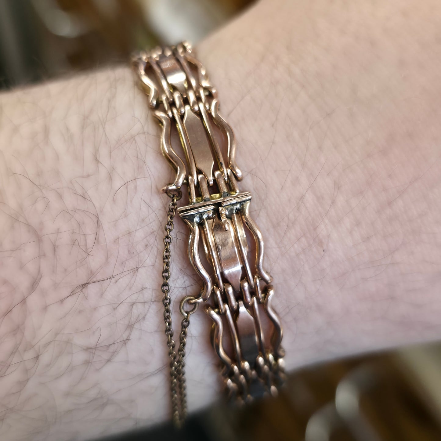 9ct Rose Gold Antique Wavy Gate Link Style Bracelet With Safety Chain