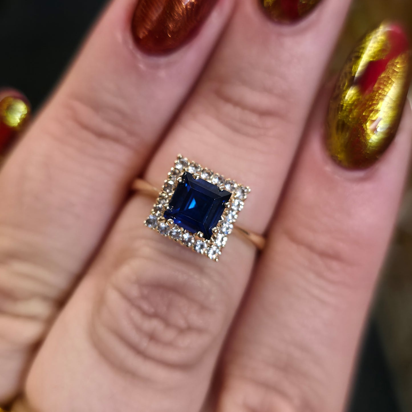 9ct Yellow Gold Princess Cut Synthetic Sapphire & White Spinel Halo Cluster Ring