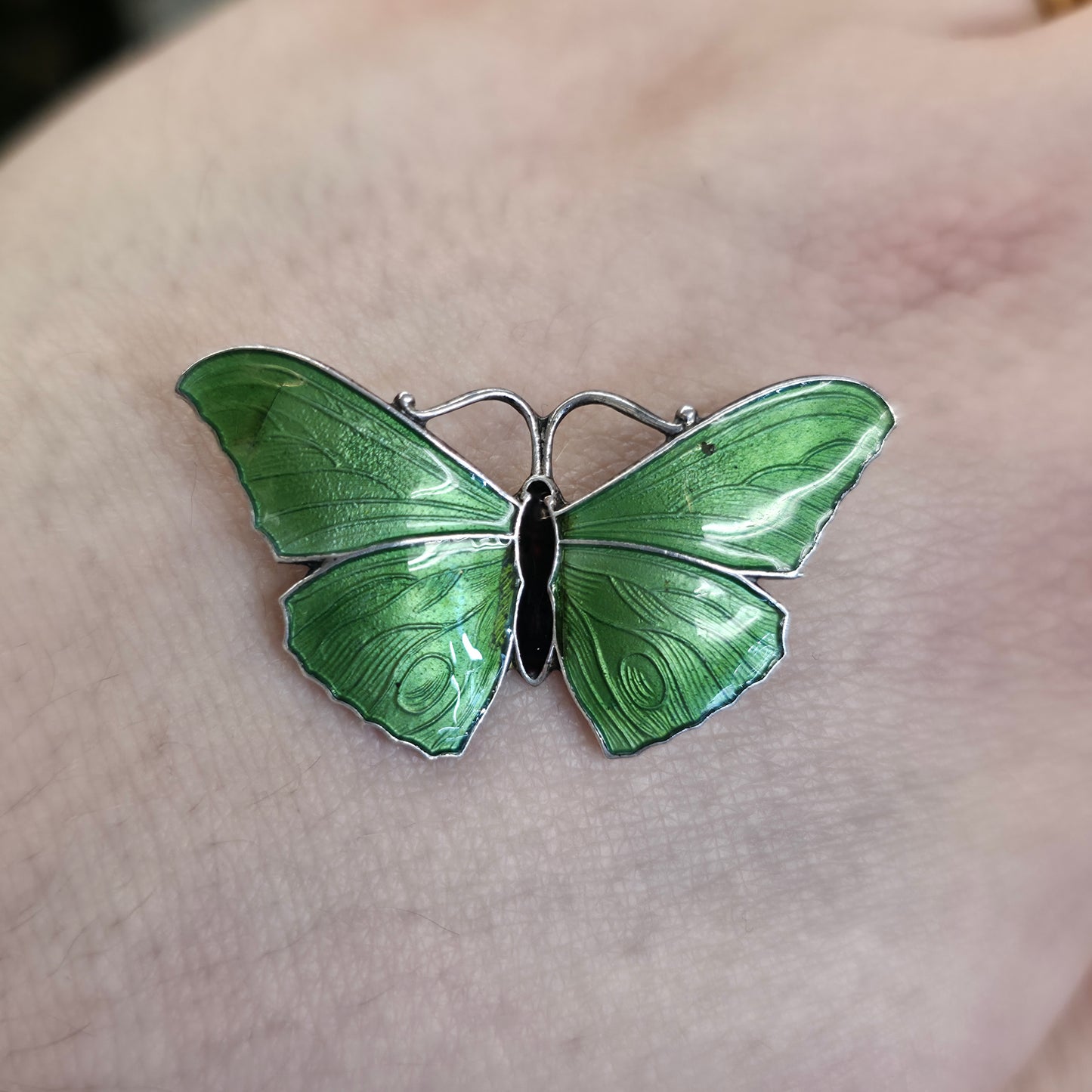 Sterling Silver Antique 1918 JA&S Green Enamel Butterfly Brooch