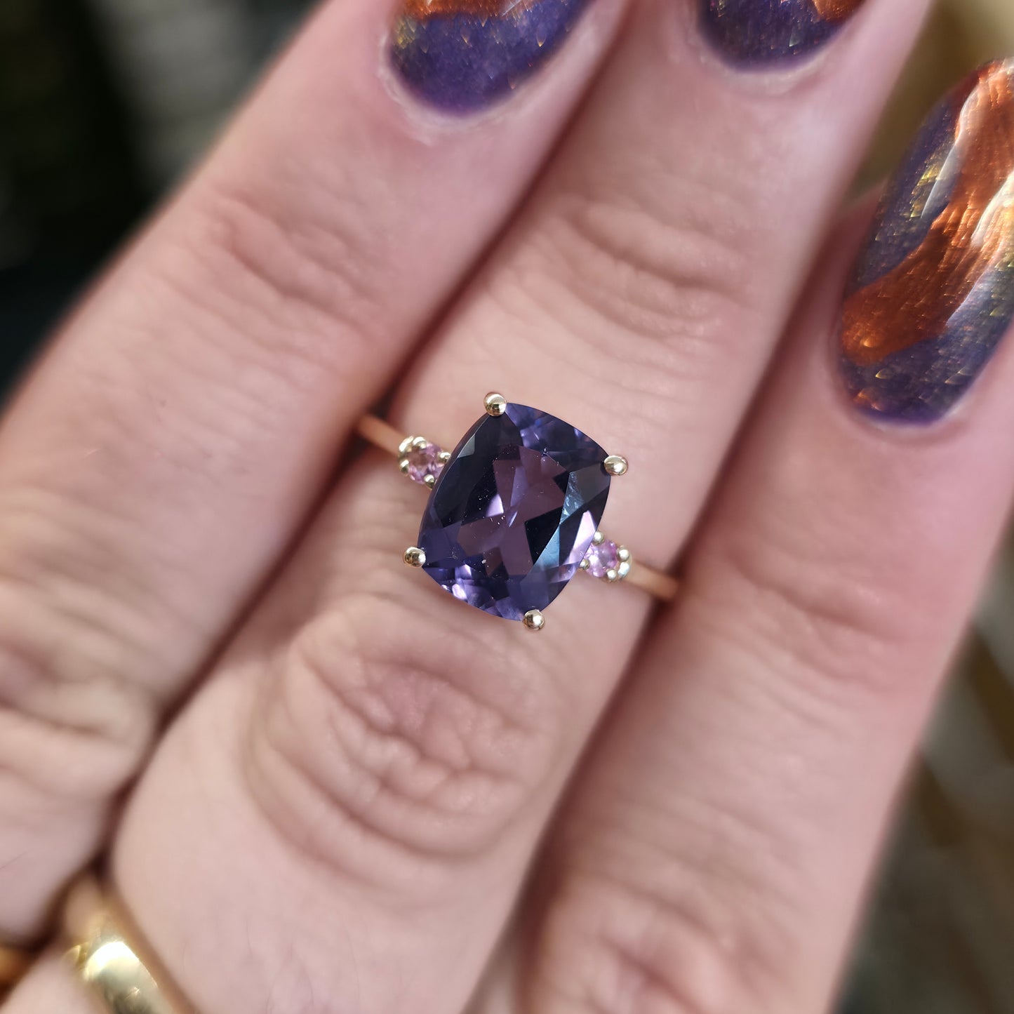 9ct Yellow Gold Cushion Cut Amethyst And Pink Stone Trilogy Ring