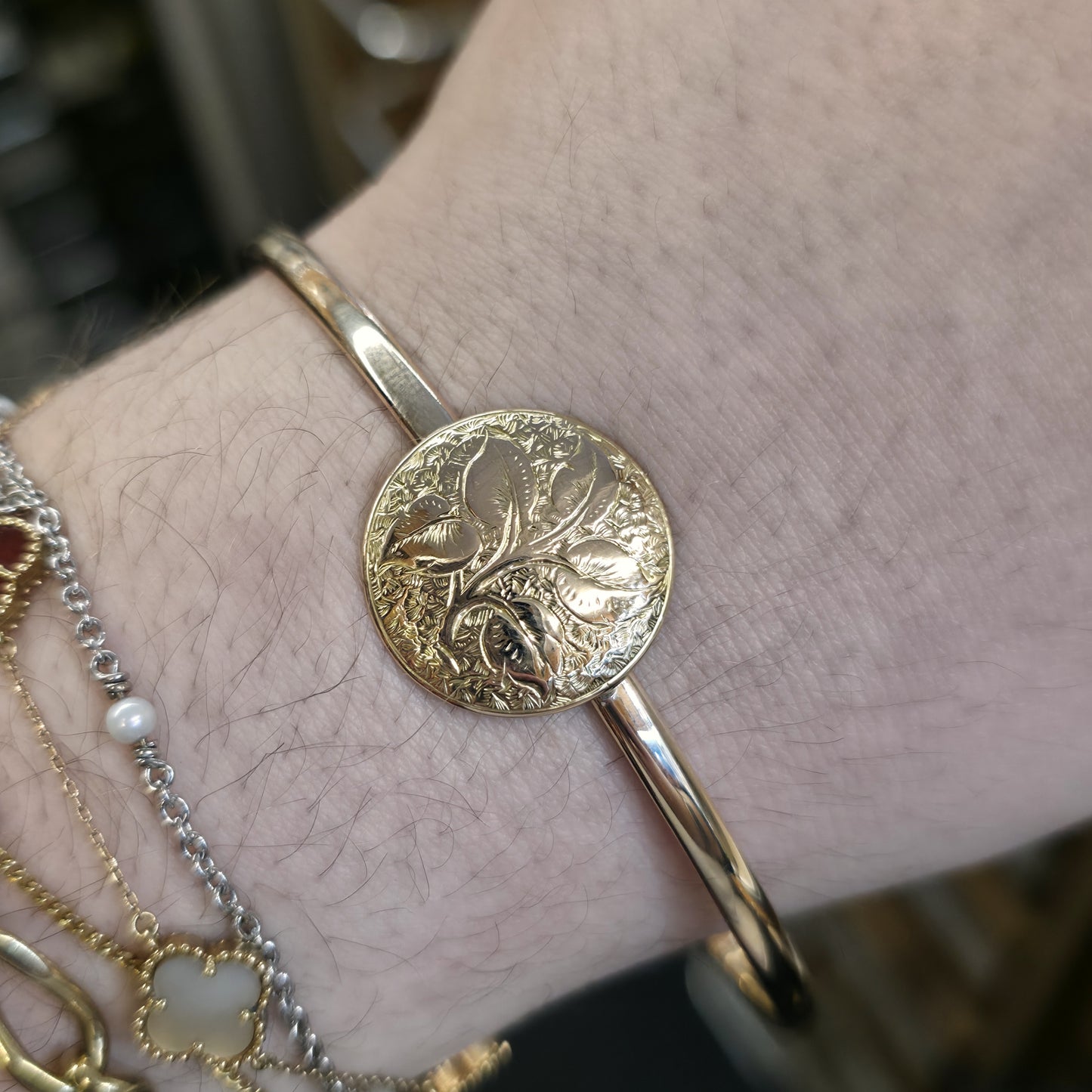 15ct Yellow Gold Round Foliate Engraved Panel With 9ct Polished Band Bangle