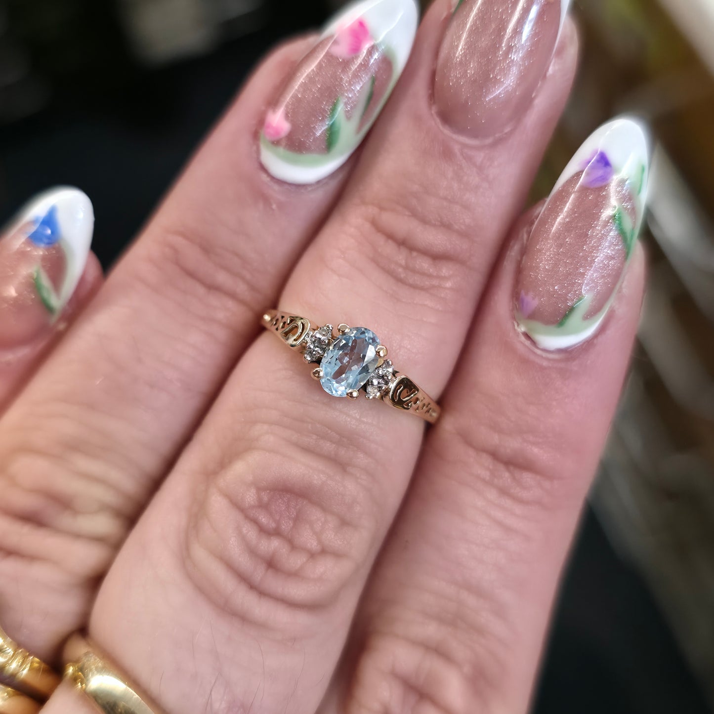 10ct Yellow Gold Aquamarine and Diamond Cut-Out Shoulders Detail Ring