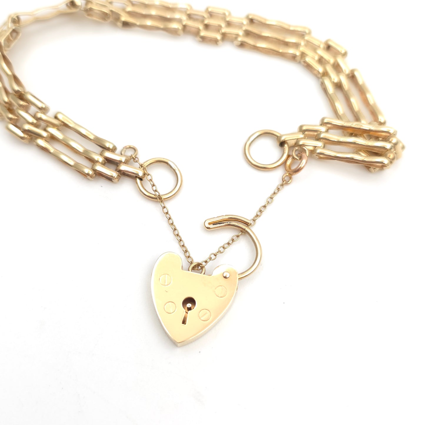 9ct Yellow Gold Vintage 70's Gate Bracelet With Heart Padlock Clasp
