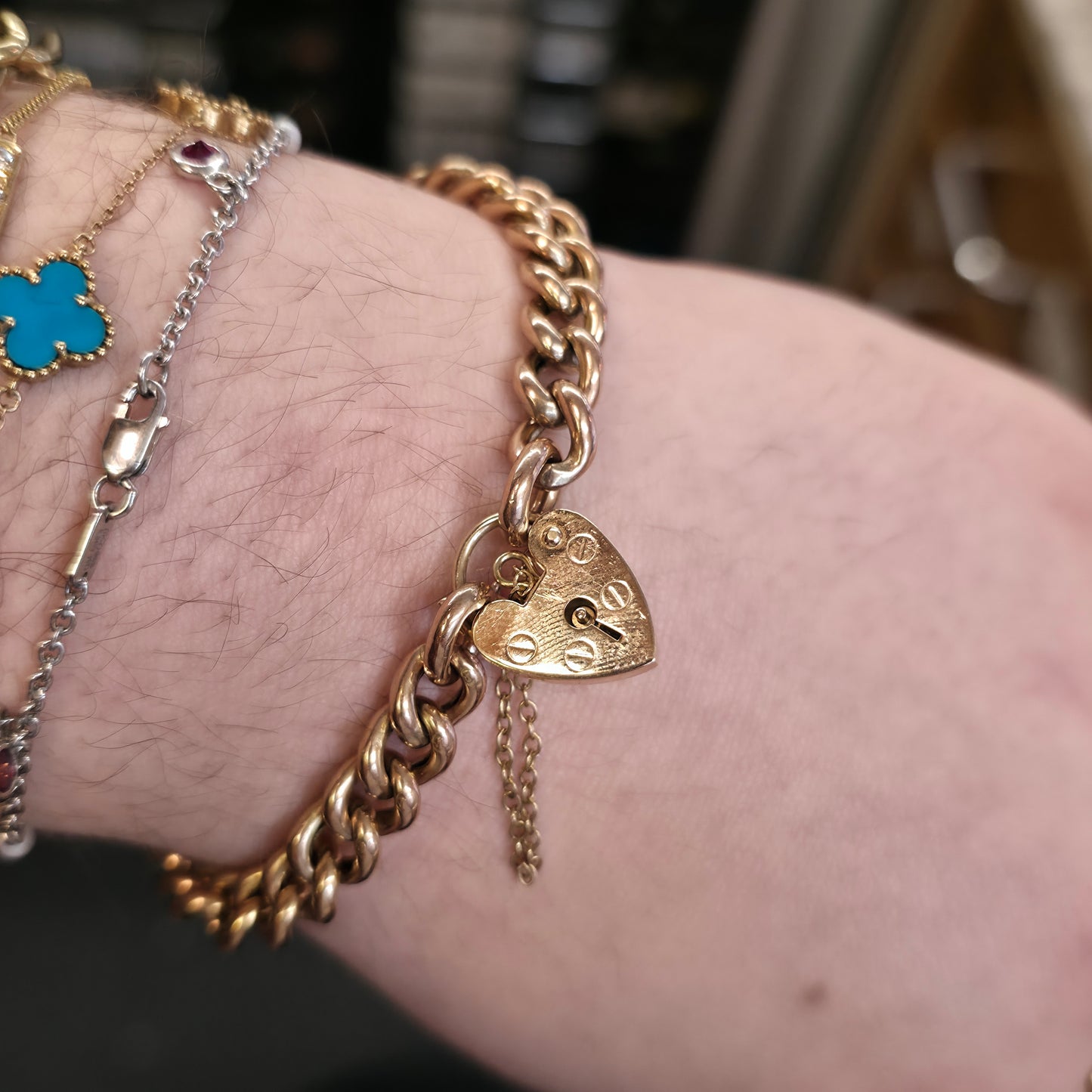 9ct Rose Toned Gold Hollow Link Curb Bracelet With Yellow Gold Heart Padlock