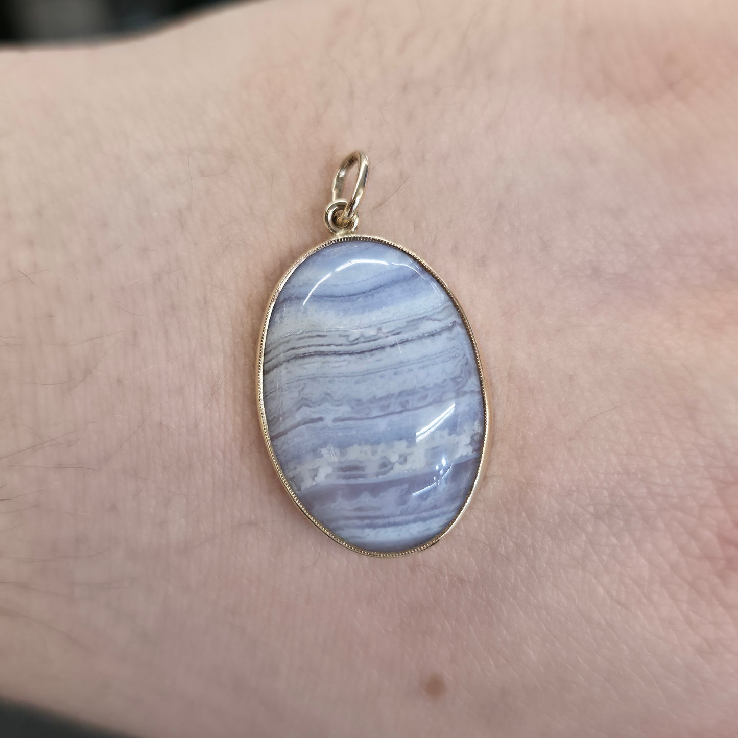 9ct Yellow Gold Vintage Large Blue Lace Agate Cabochon Pendant Piece