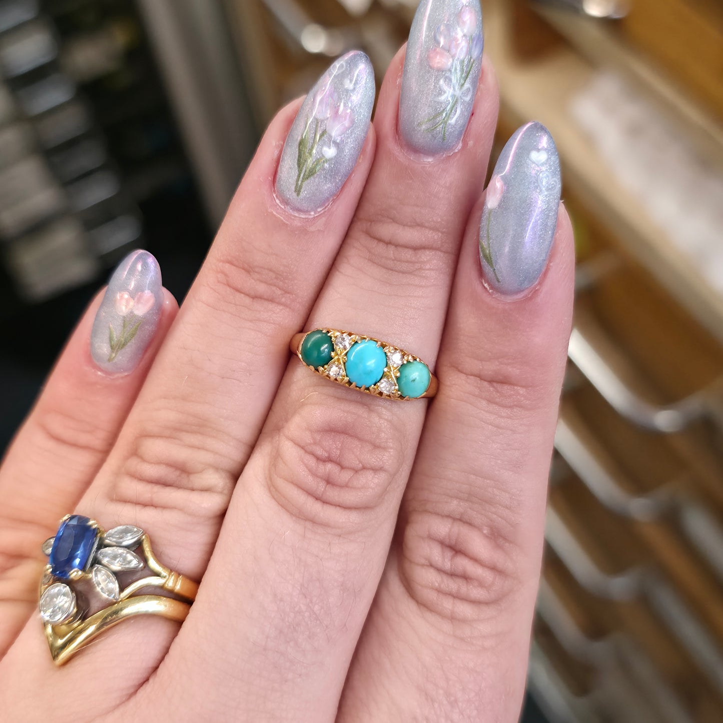 18ct Yellow Gold Antique Turquoise And Diamond Traditional Style Ring