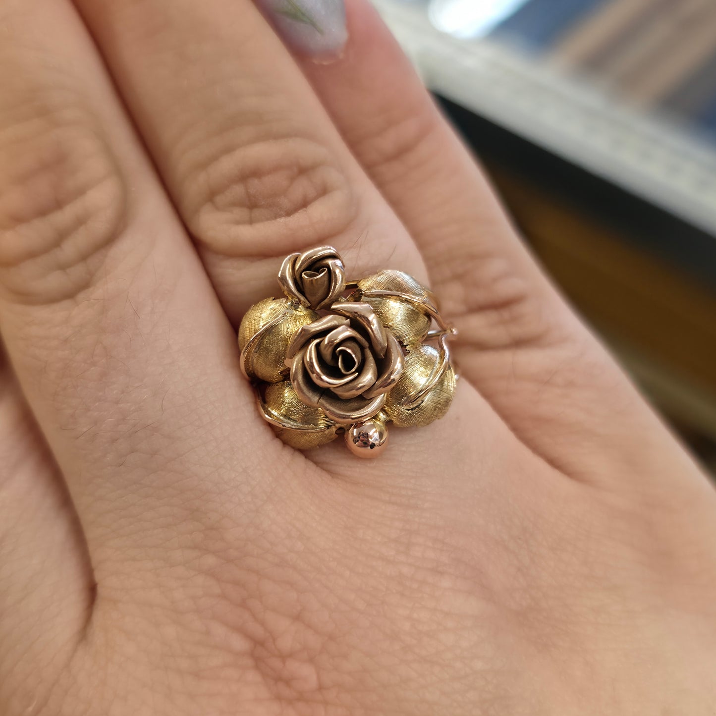 14ct Multi-Tone Yellow And Rose Gold Vintage/ Antique Floral Rose Statement Ring