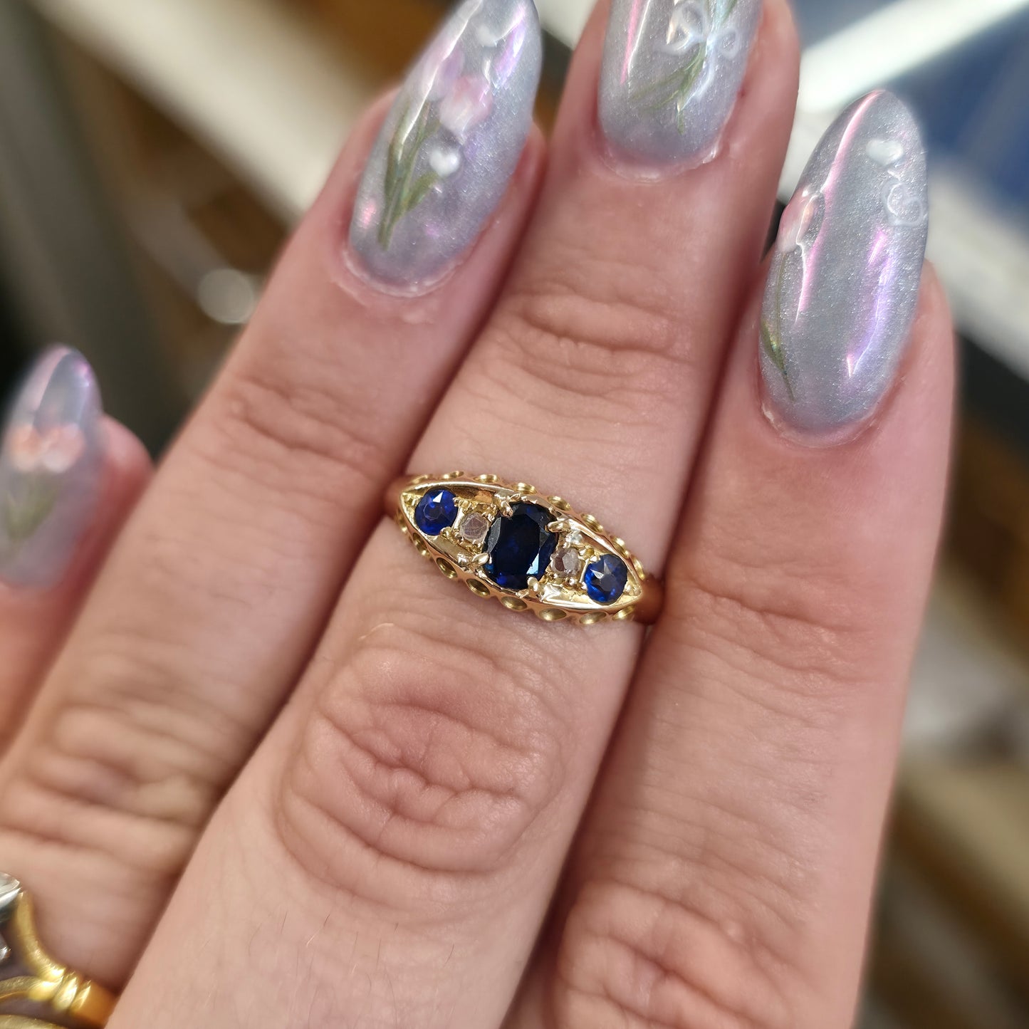 18ct Yellow Gold Antique Synthetic Sapphire And Diamond Boat Ring 1914