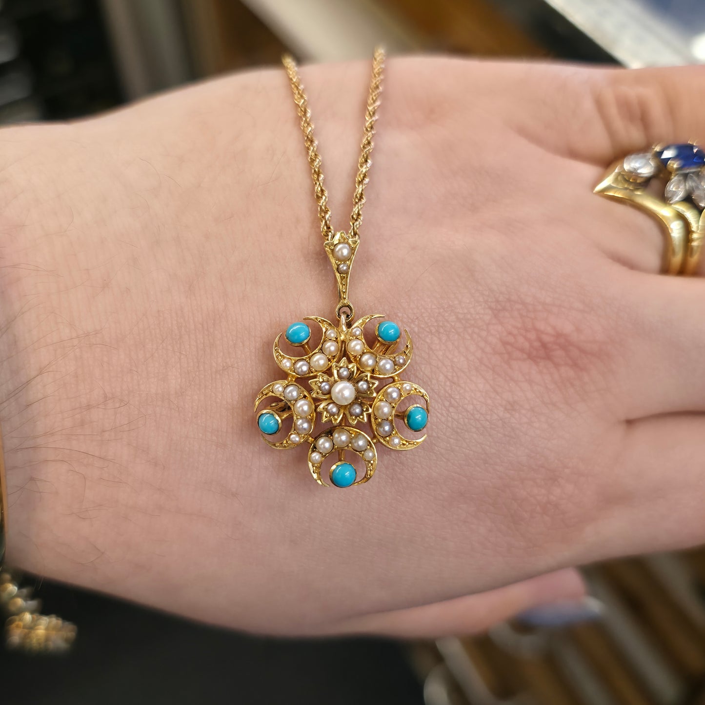 15ct Yellow Gold Antique Turquoise and Pearl Pendant / Brooch & Chain Necklace