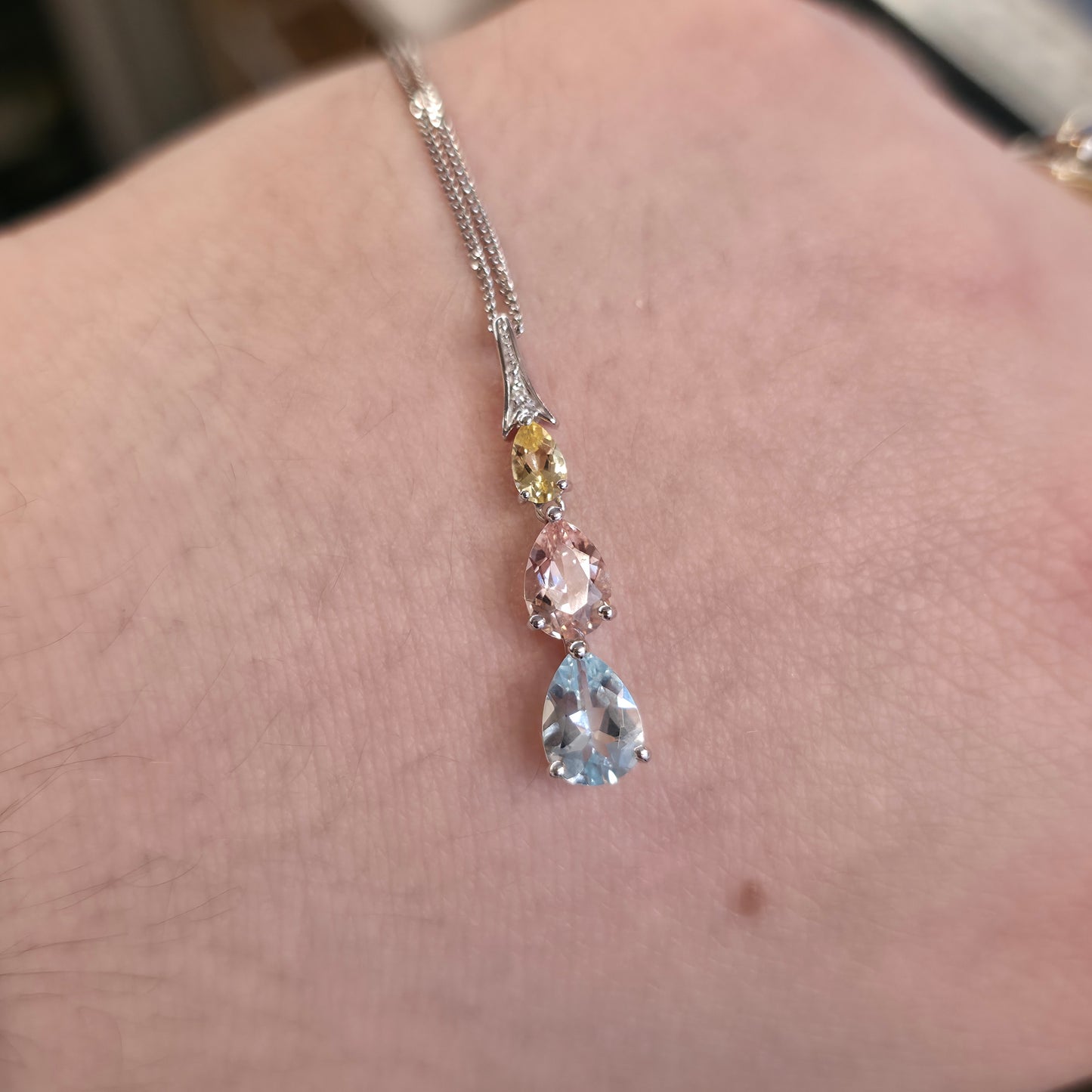 9ct White Gold Aquamarine, Morganite, Heliodor and Diamond Pastel Tone Necklace