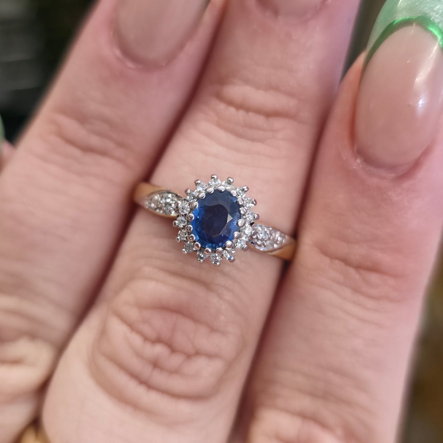 9ct Yellow Gold Vintage Sapphire And Diamond Cluster With Diamond Shoulder Ring