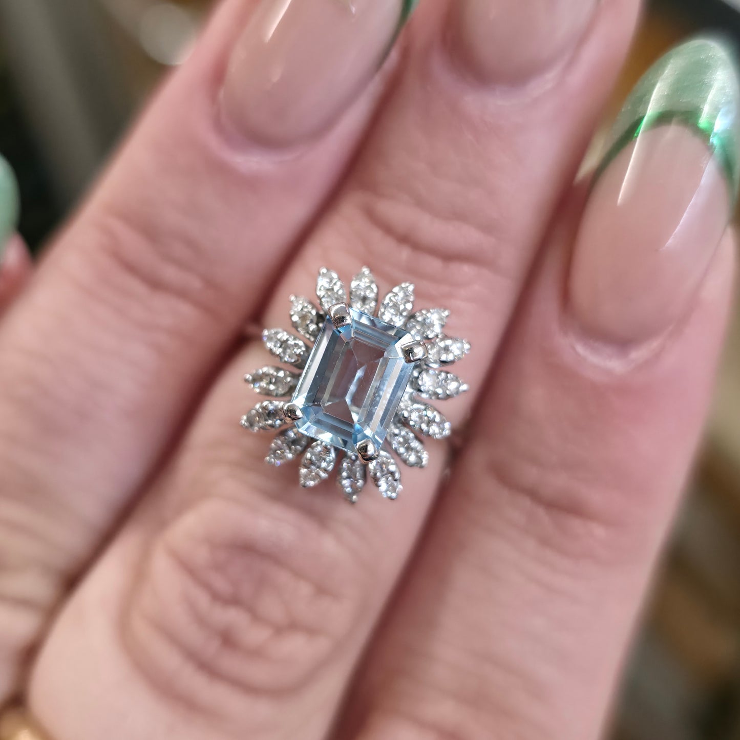 18ct White Gold Vintage Emerald Cut Aquamarine and Diamond Cluster Ring