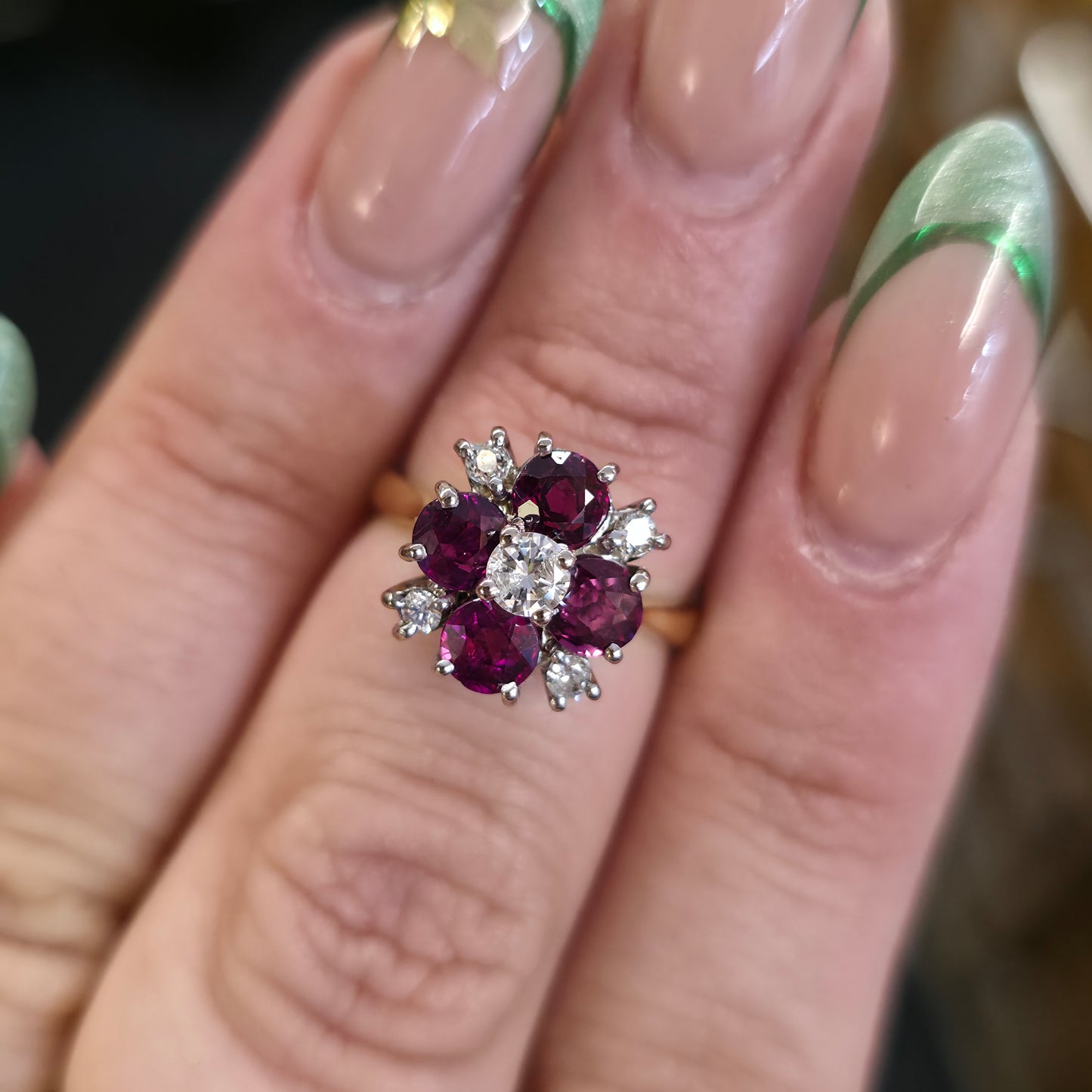 18ct Yellow Gold Round Cut Ruby And Diamond Floral Chunky Cluster Ring