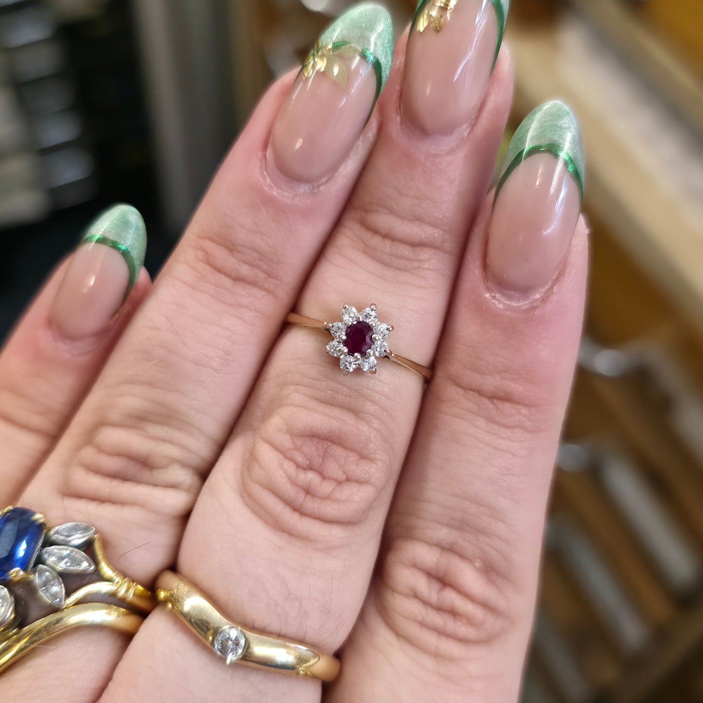 9ct Yellow Gold Small Ruby And White Stone Cluster Ring