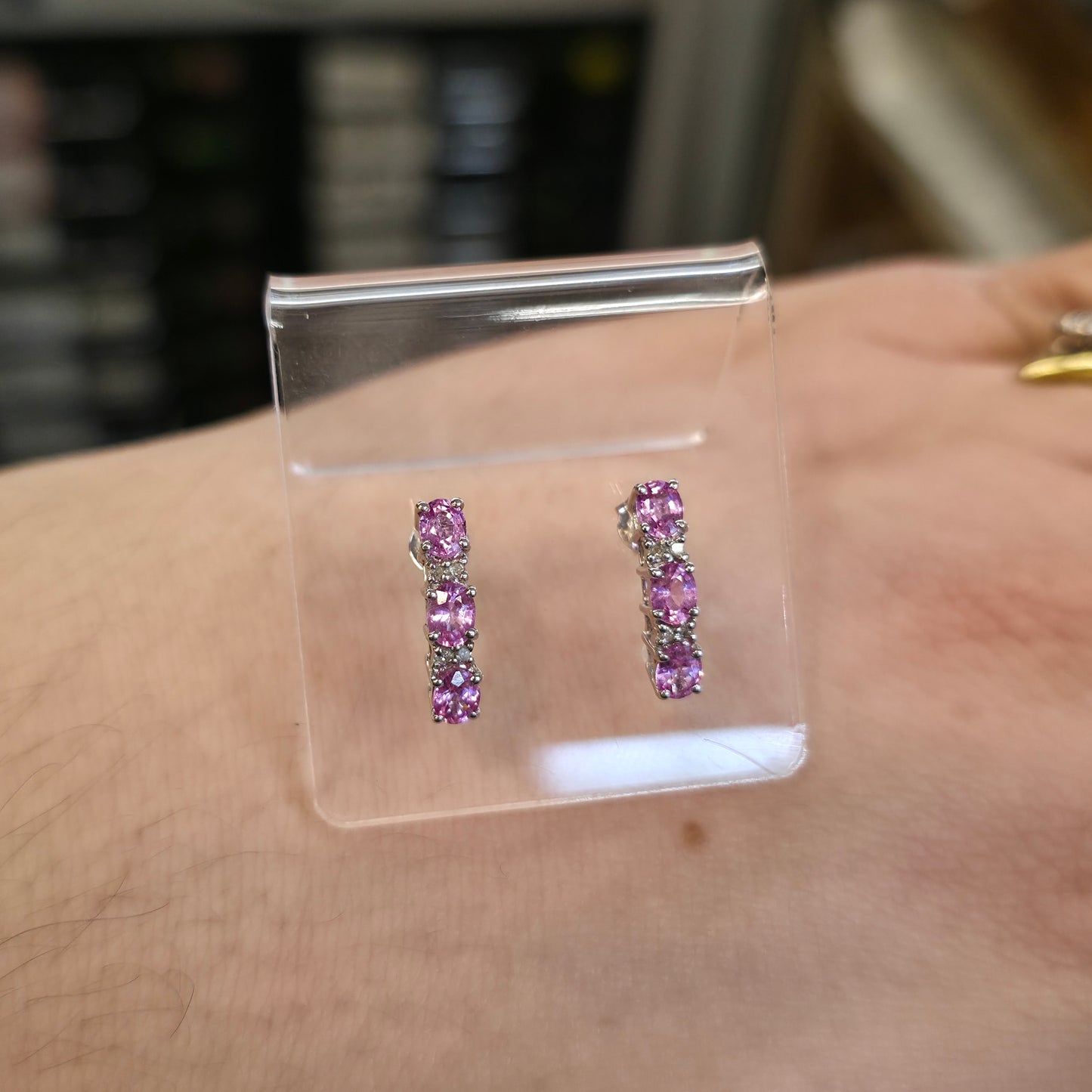 9ct White Gold Pink Sapphire And Diamond Bar Drop Stud Earrings