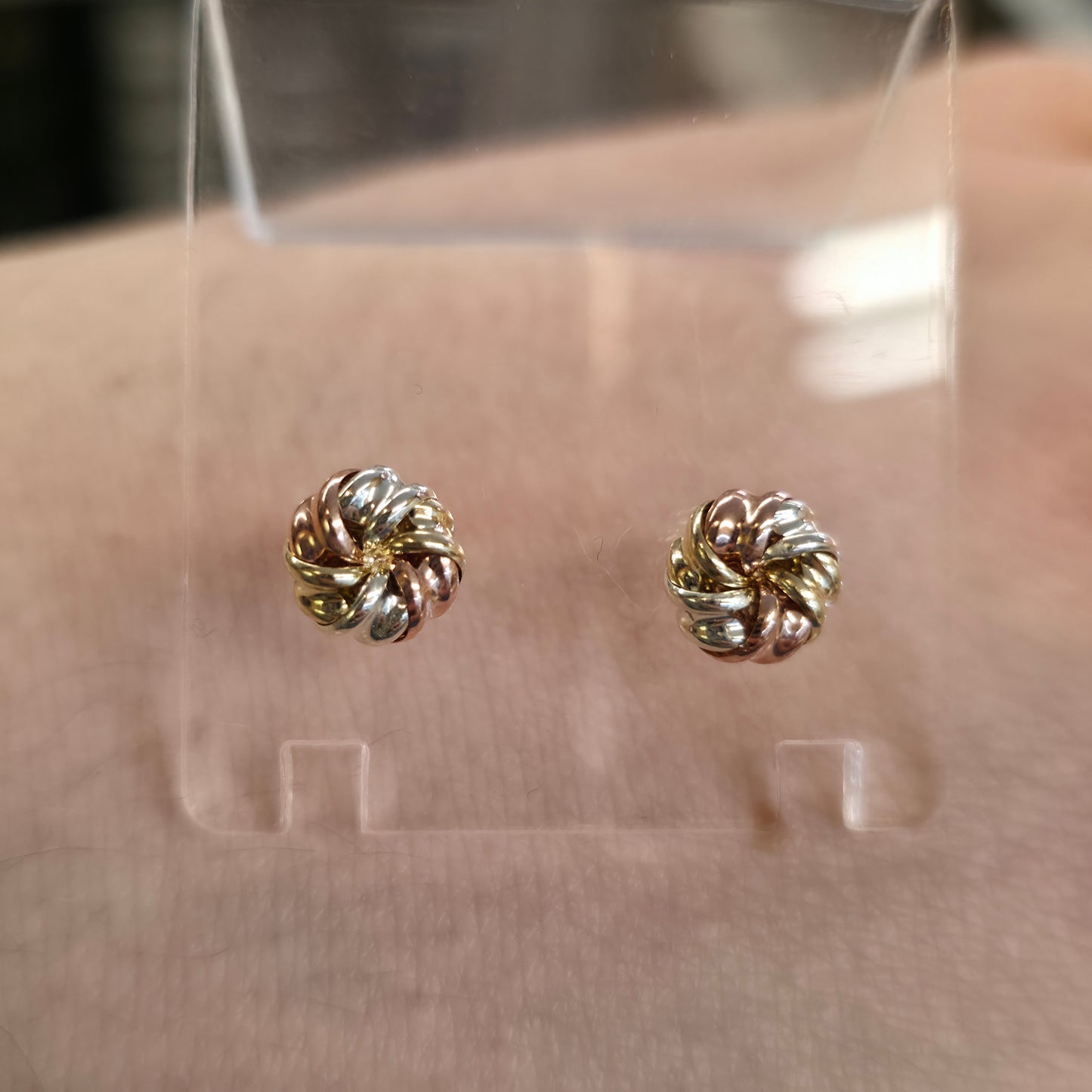 9ct Tri-Colour Yellow , White And Rose Gold Swirly Knot Style Stud Earrings