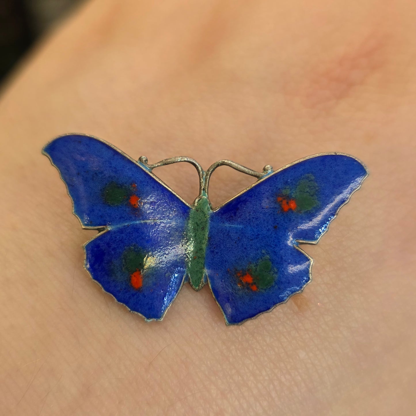 Sterling Silver Antique JA&S Blue, Red And Green Enamel Butterfly Brooch 1918