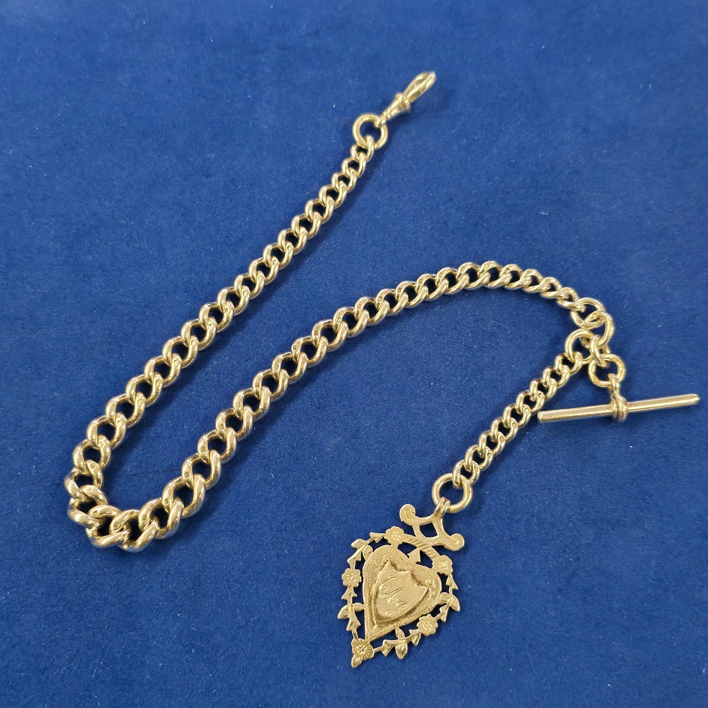 Sterling Silver Antique Albert Chain With T-Bar, Swivel Clasp And Shield Fob