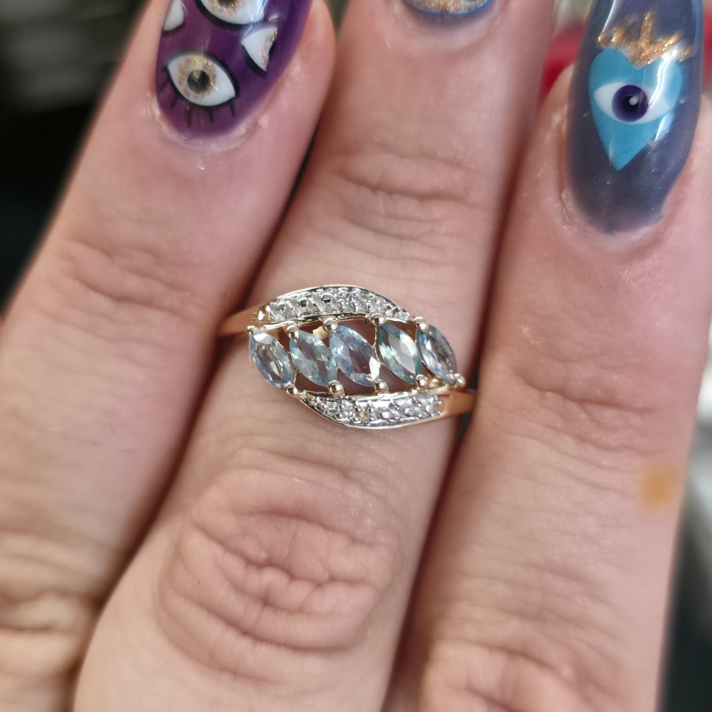 10ct Yellow Gold Smoky Grey / Blue Marquise Cut Spinel And Diamond Ring
