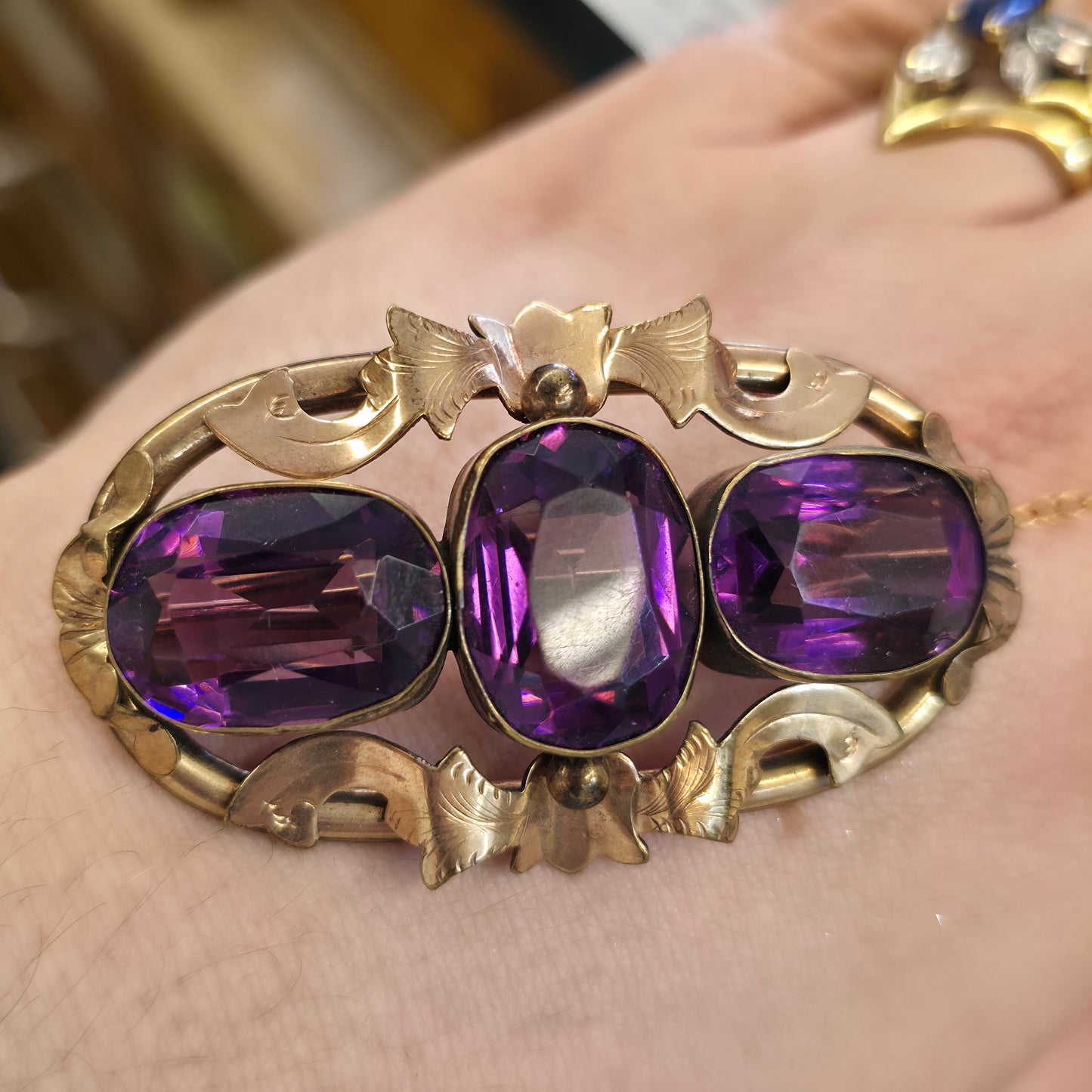 Extra Large Antique Pinchback Purple Oval Cut Paste Stone Brooch