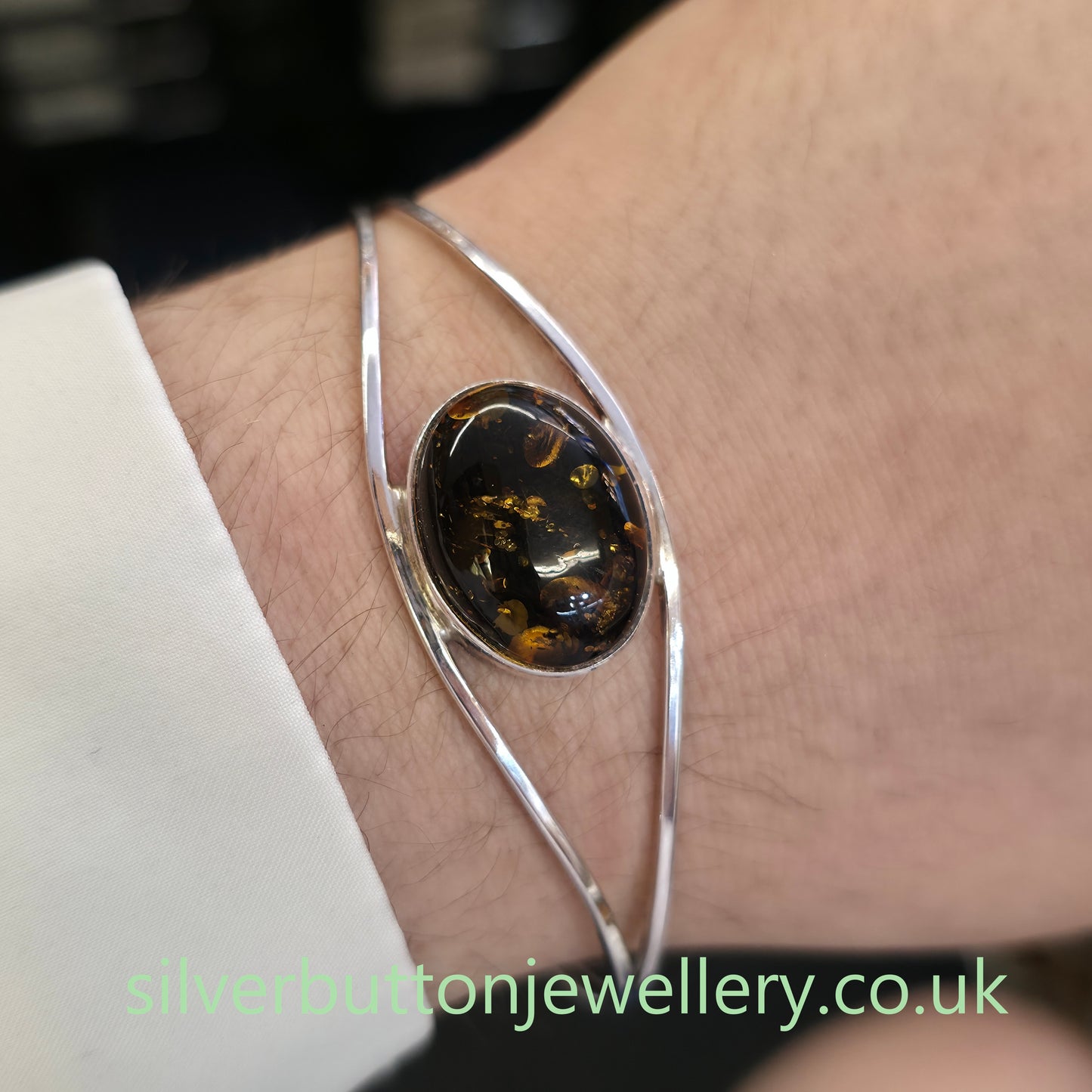 Sterling Silver Large Oval Amber Cabochon Set Openwork Bangle