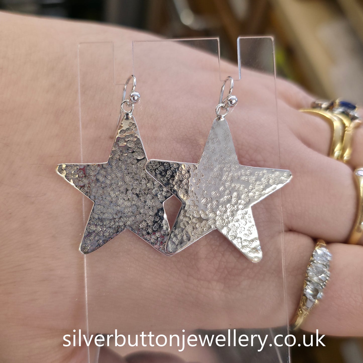 Sterling Silver Vintage Hammered Effect Star Shaped Panel Drop Earrings