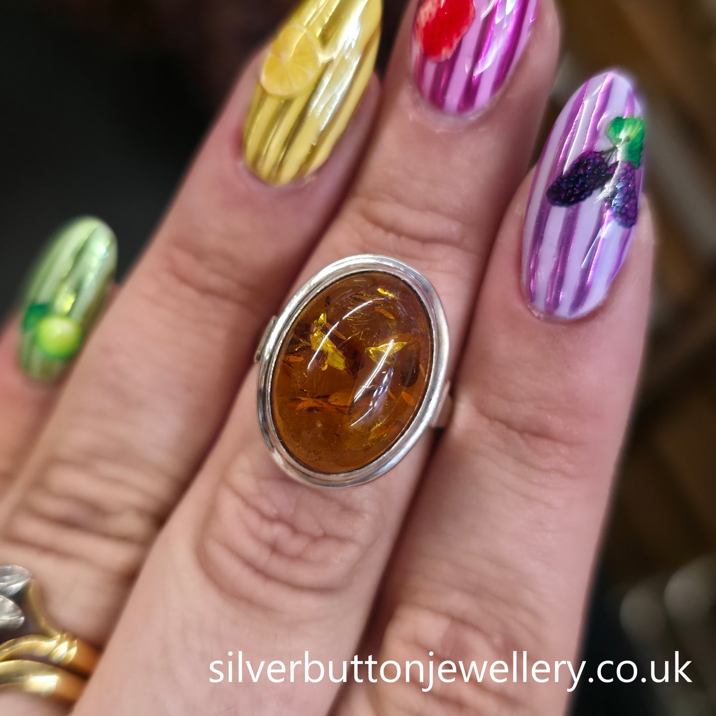 Sterling Silver Vintage Large Oval Cabochon Amber Solitaire Ring