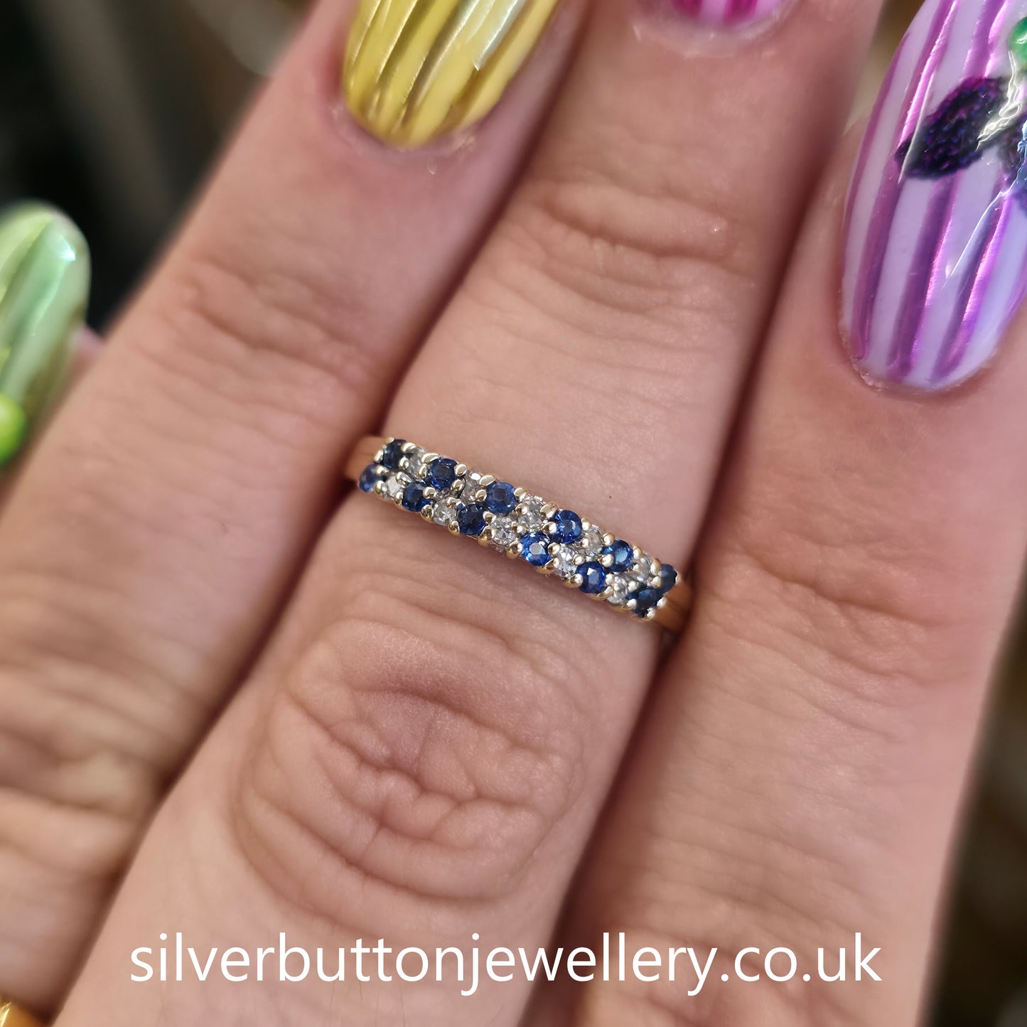 9ct Yellow Gold Alternating Sapphire And Diamond Two Row Half Eternity Ring