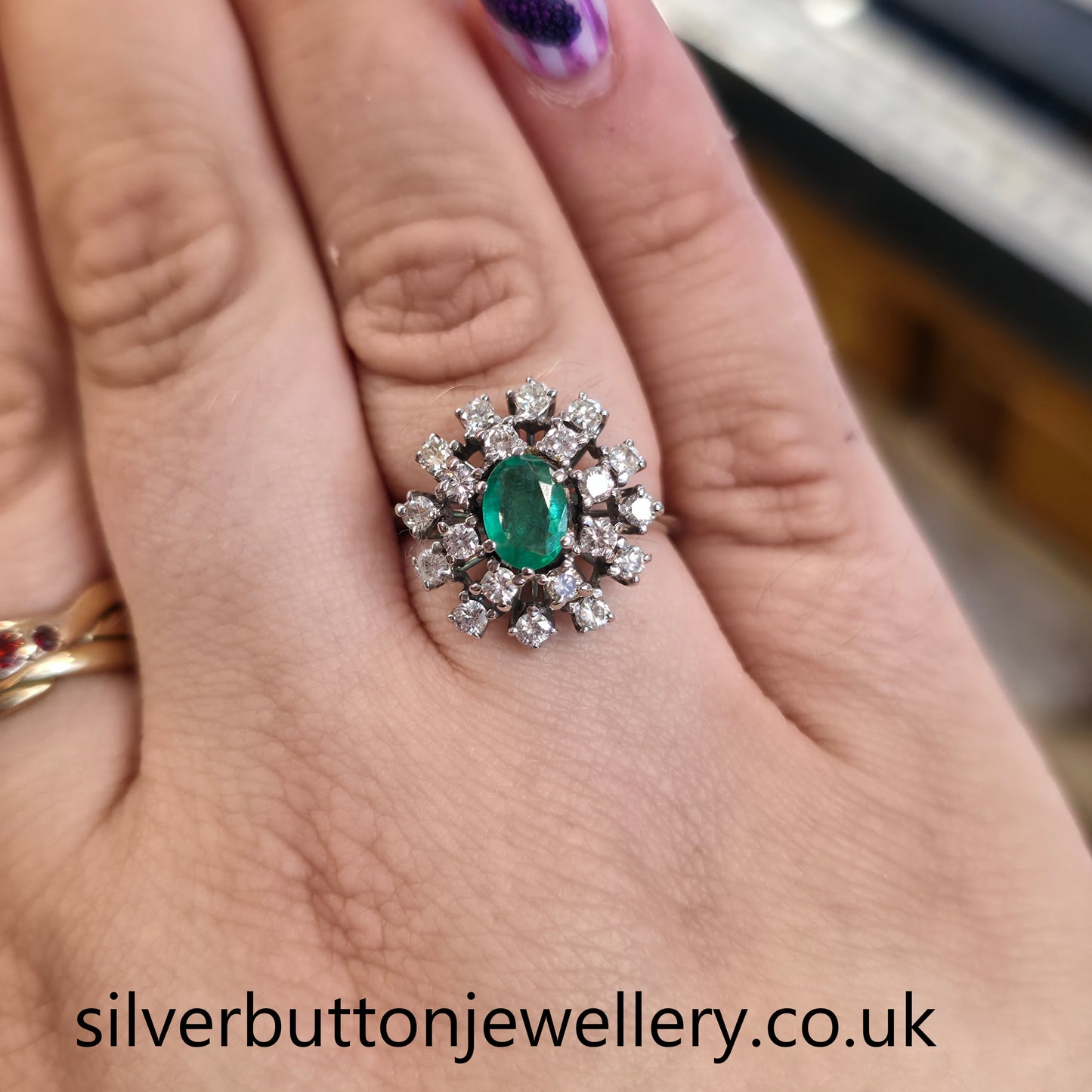 18ct White Gold Vintage Large Emerald And Diamond Multistone Cluster Ring