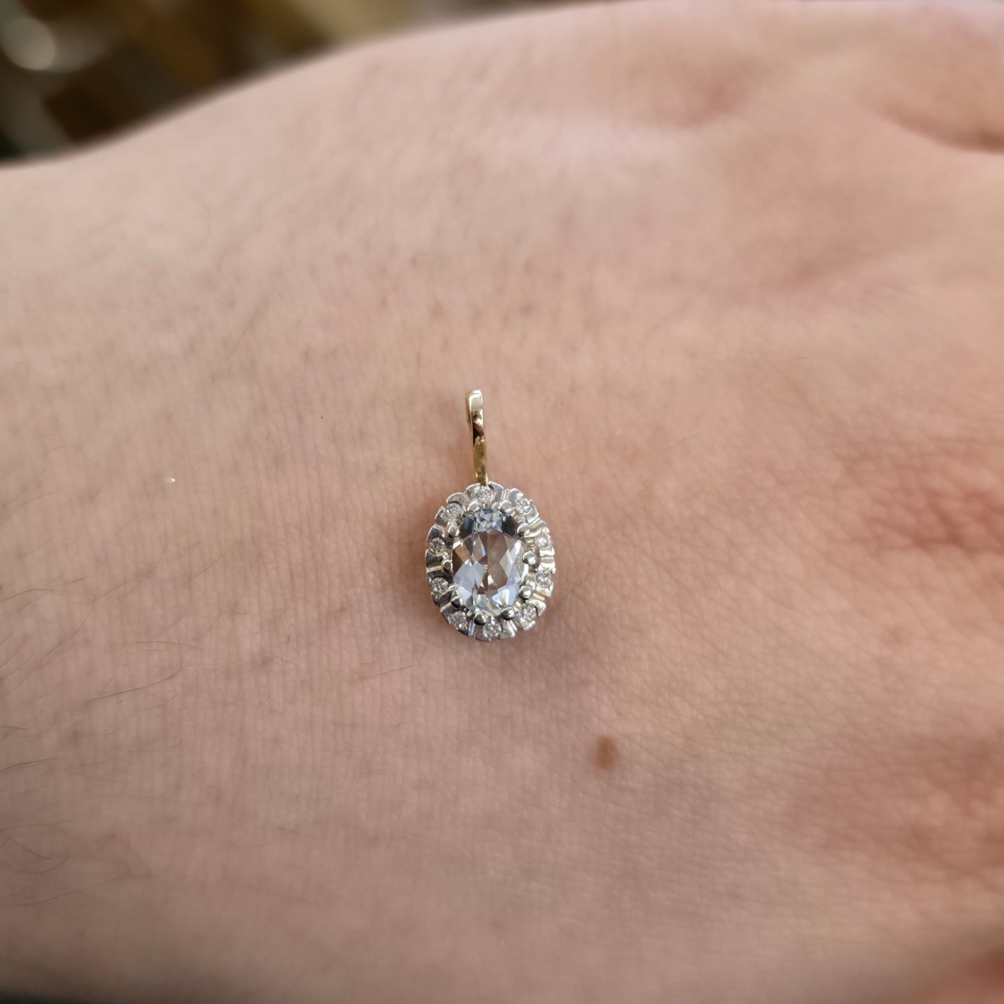9ct Yellow And White Gold Vintage Aquamarine And Diamond Halo Pendant