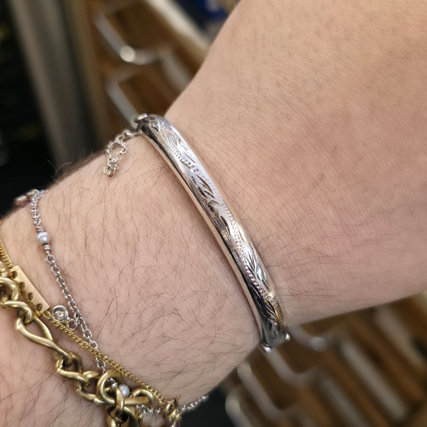 Sterling Silver Vintage Narrow Engraved Half Patterned Hinged Bangle