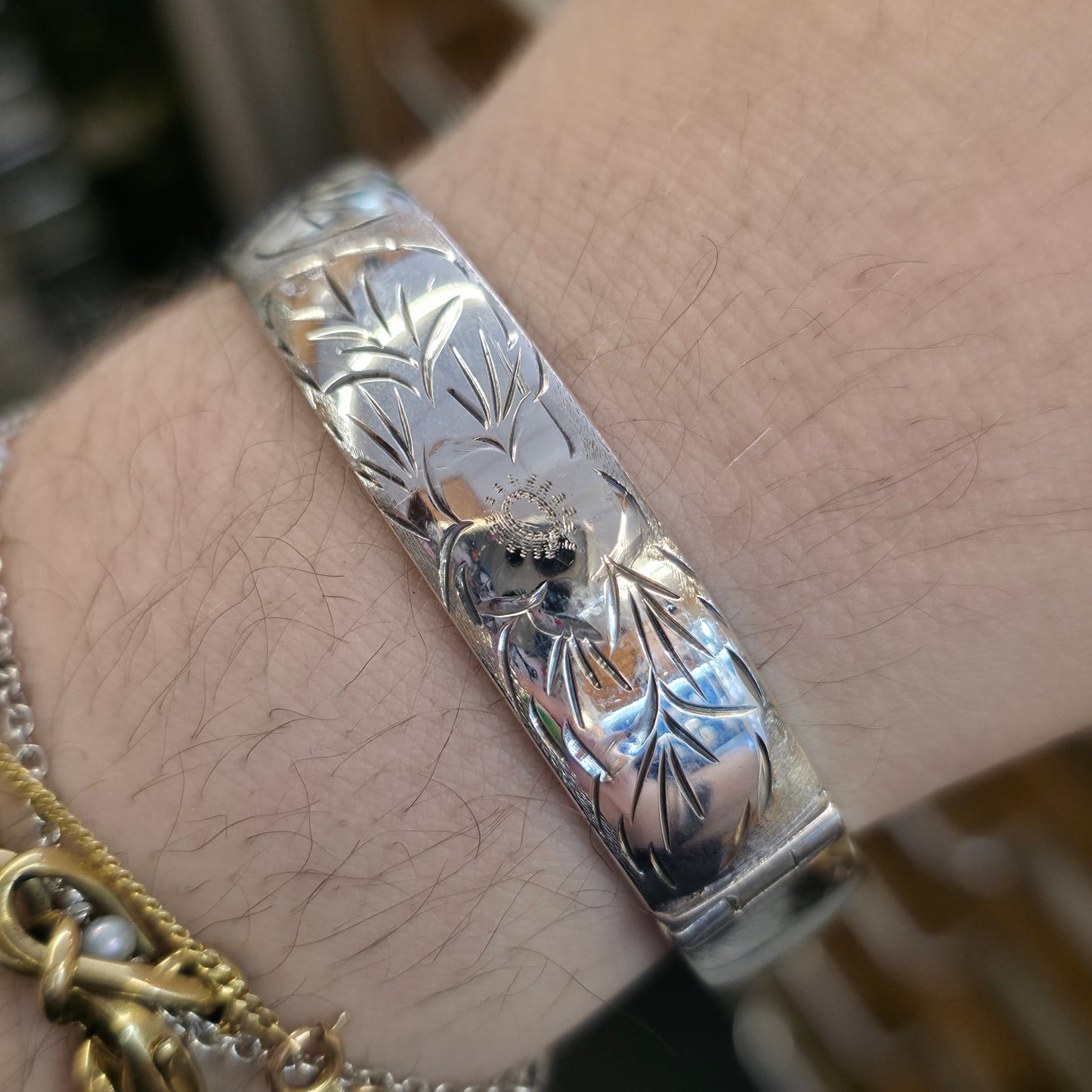 Sterling Silver Vintage Half Engraved Floral Hinged Bangle