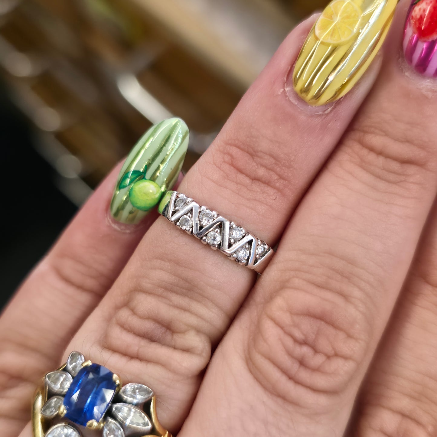 Sterling Silver White Stone Zig Zag Style Band Ring
