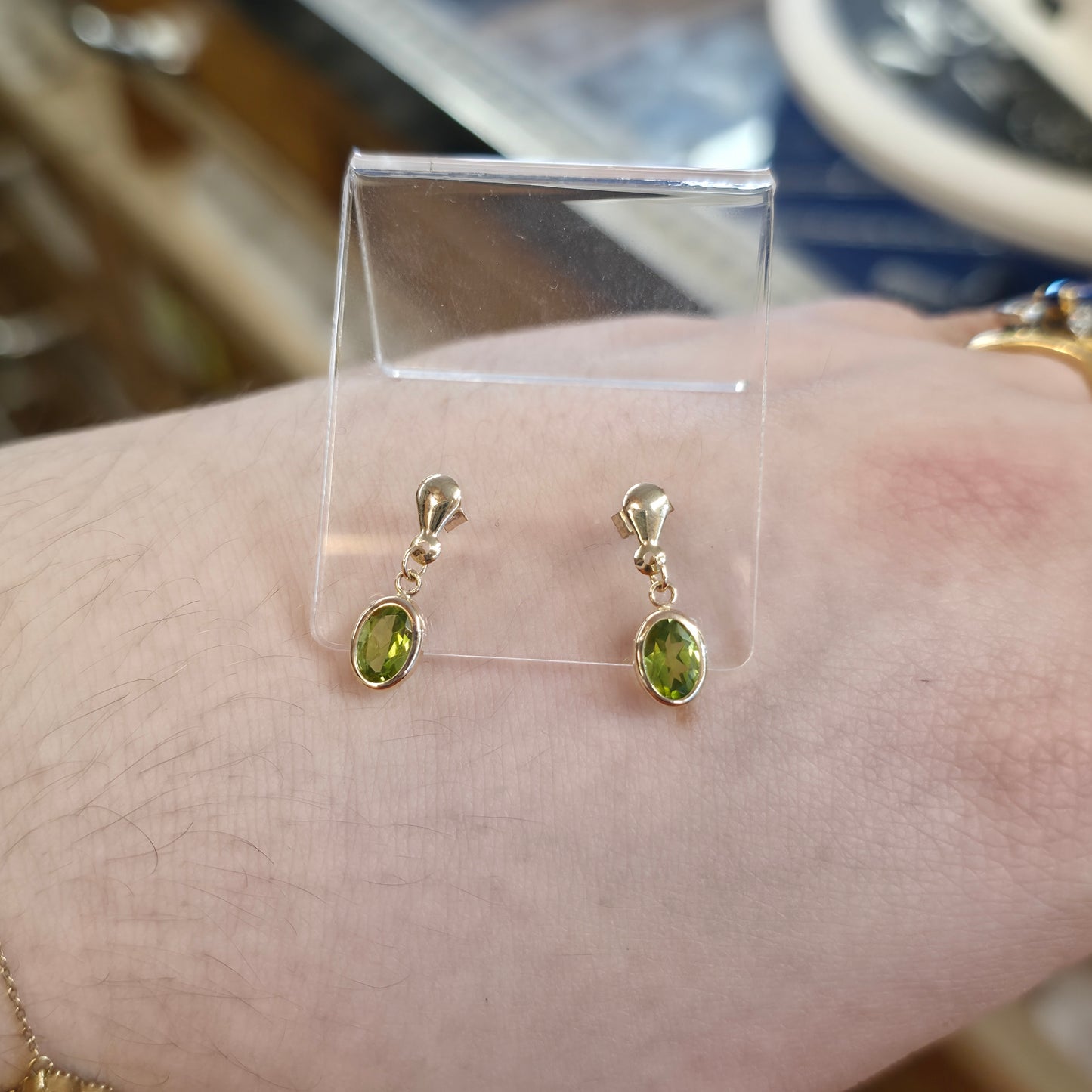 9ct Yellow Gold Oval Cut Peridot Bezel Set Drop Earrings