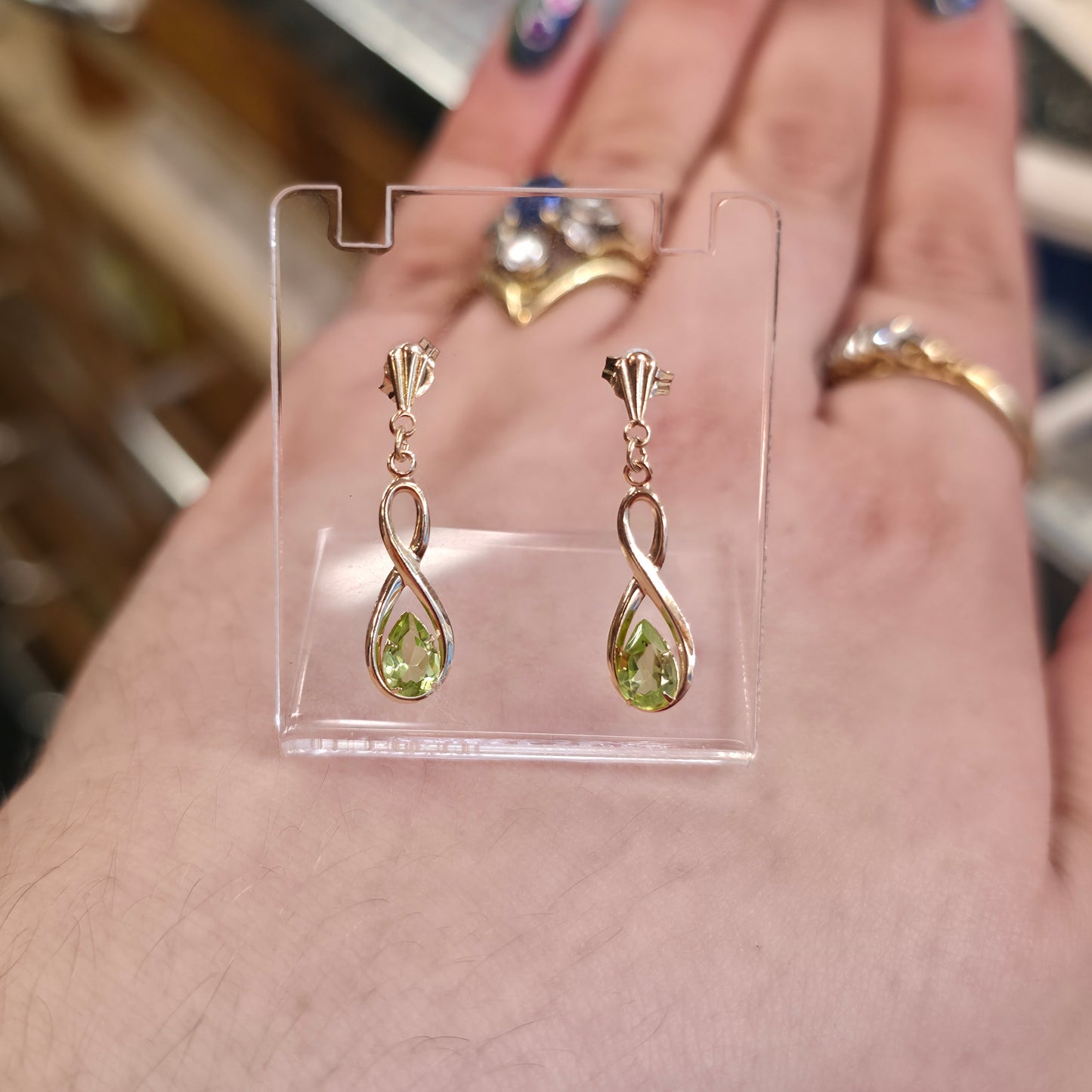 9ct Yellow Gold Crossover Double Loop Pear Cut Peridot Drop Earrings