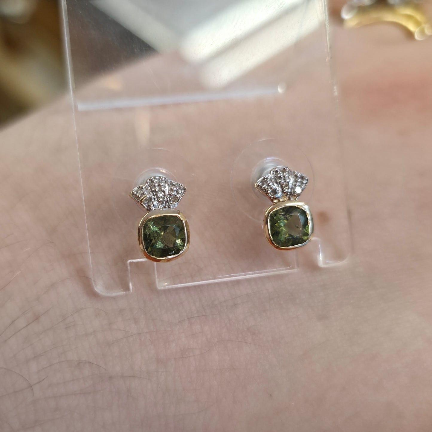 9ct Yellow Gold Cushion Cut Moldavite Green Stone And Diamond Stud Earrings