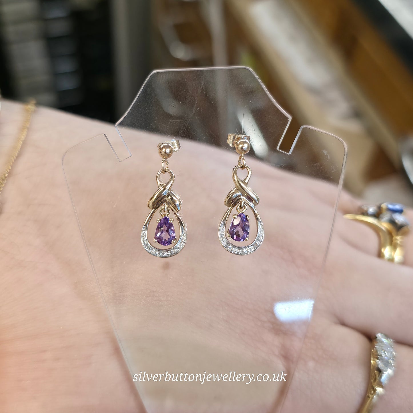 9ct Yellow Gold Vintage Amethyst And Diamond Drop Earrings