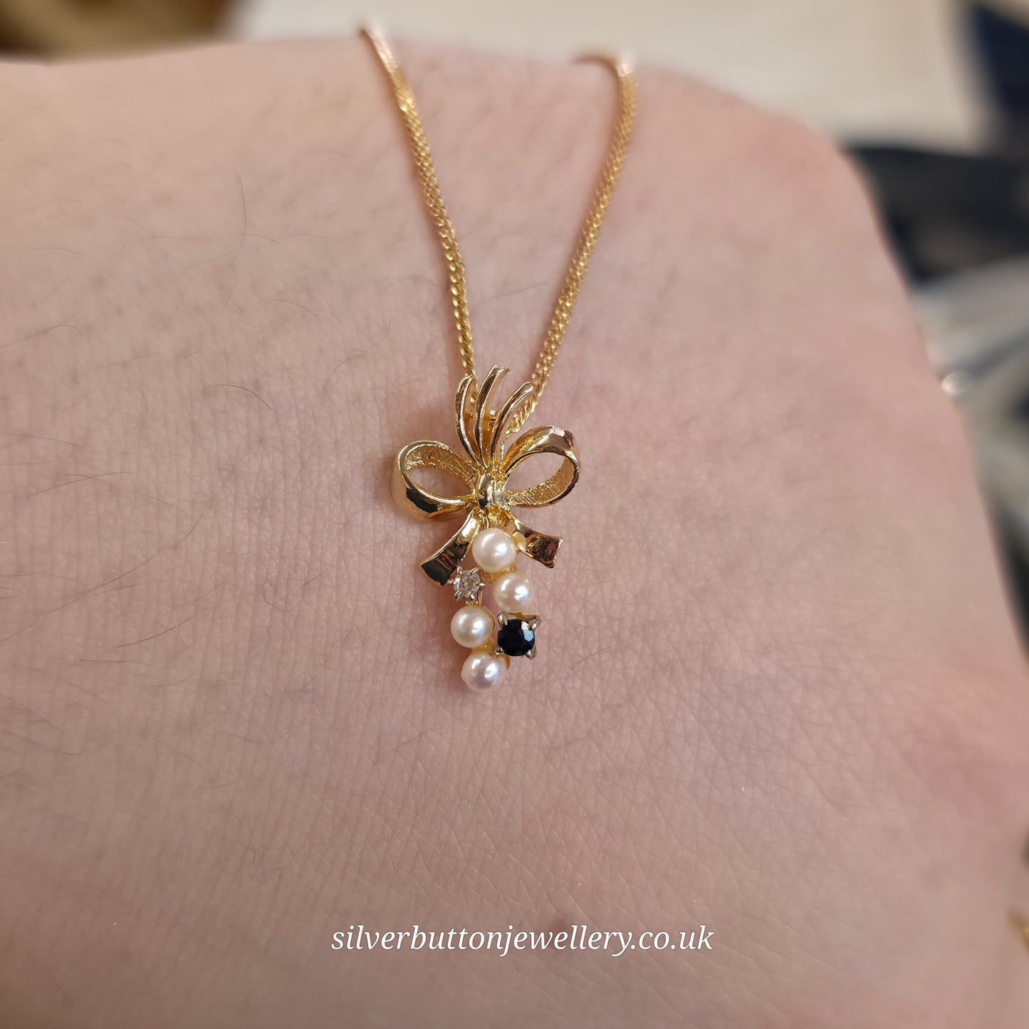 9ct Yellow Gold Vintage Pearl, Sapphire And Diamond Bow Pendant Necklace
