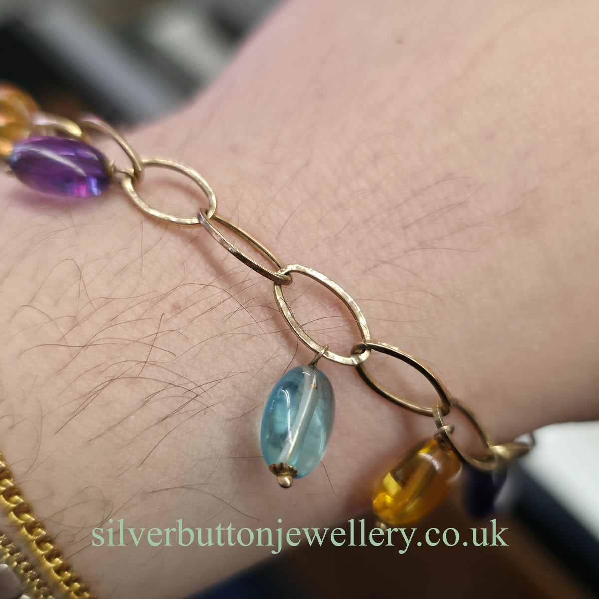 9ct Yellow Gold Vintage Blue Topaz, Amethyst & Citrine Bead Dropper Bracelet (AF)